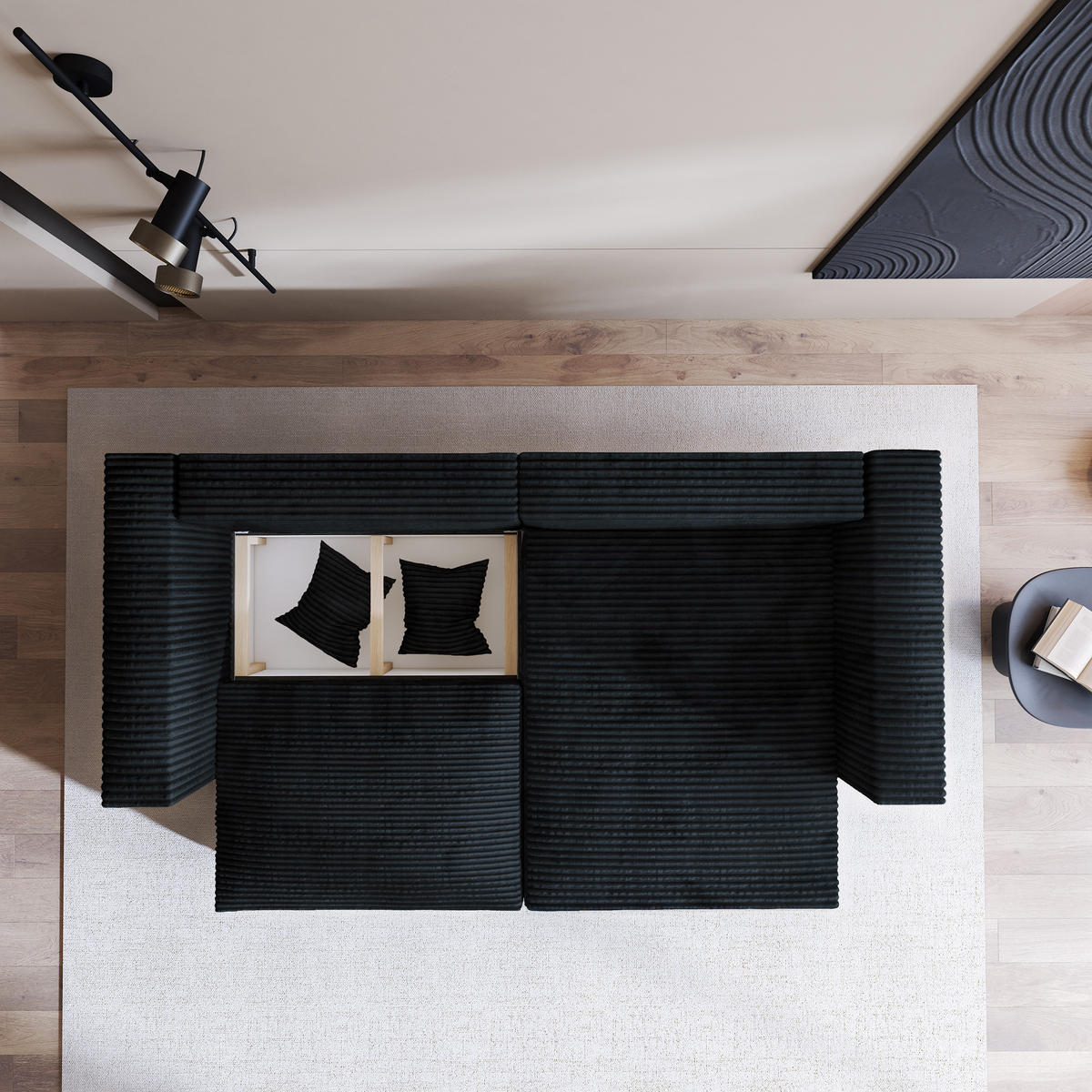 ECKSOFA NERIO Schwarz Kordstoff mit Schlaffunktion - Schwarz, Holz (245/148cm) - MASSENO