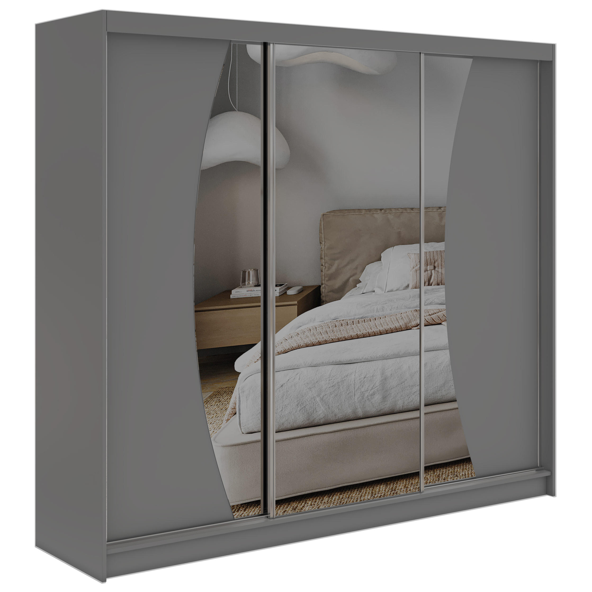 SCHWEBETÜRENSCHRANK mit Schubladen 240 - VERONA - Grau mit Spiegel - Alufarben/Grau, Holzwerkstoff/Metall (240/216/61cm) - MKS