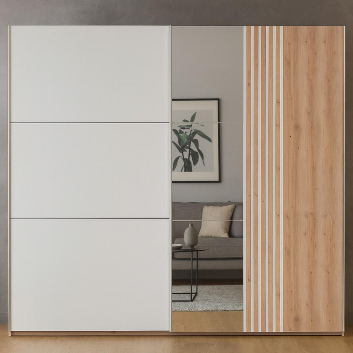 SCHWEBETÜRENSCHRANK Soria mit 2 Türen und Spiegel, 250 cm, Weiß+eiche Wotan - Eiche Wotan/Weiß, Holzwerkstoff (250/215/65cm) - Beautysofa