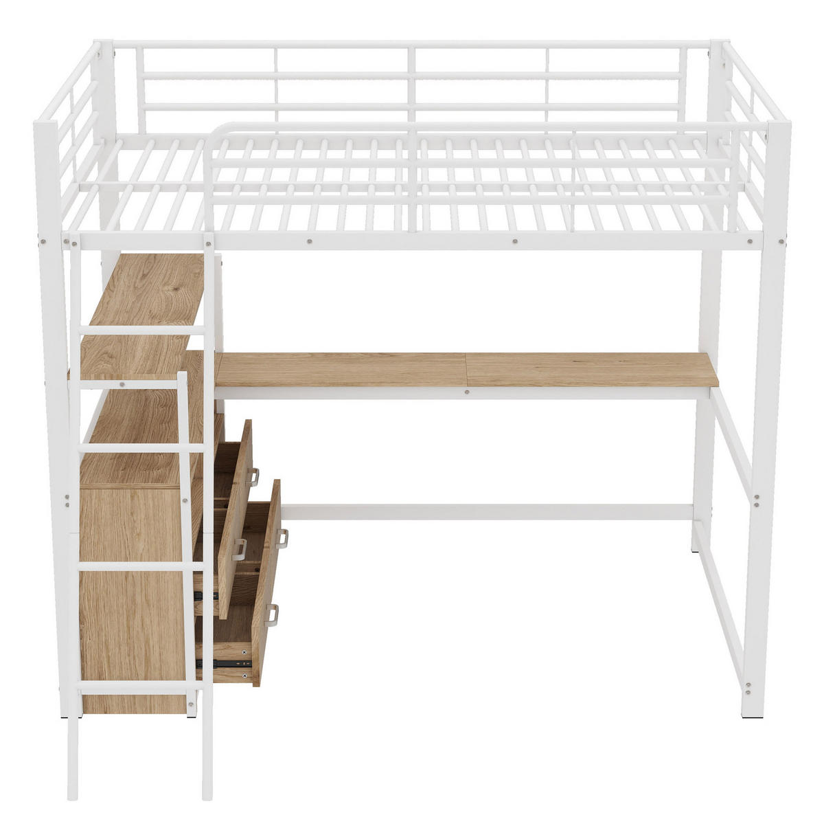 HOCHBETT aus Metall und MDF 140x200 cm Weiß mit L-förmigem Schreibtisch und 4 Schubladen - Weiß, Holzwerkstoff (140/200cm) - Modfu