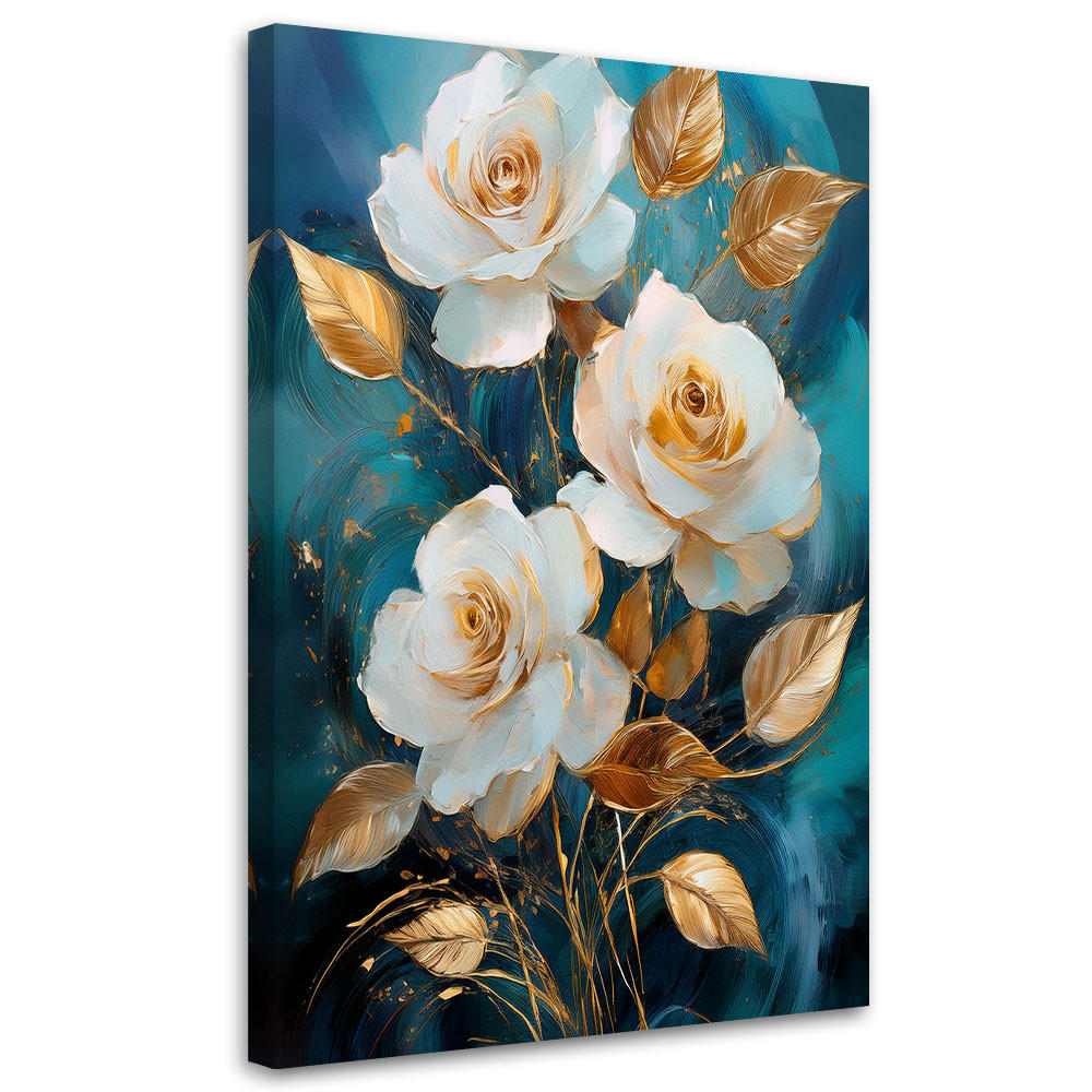 WANDBILD weiße und goldene rosenblüten auf blauem hintergrund - Türkis, Textil (80/120cm) - Feeby