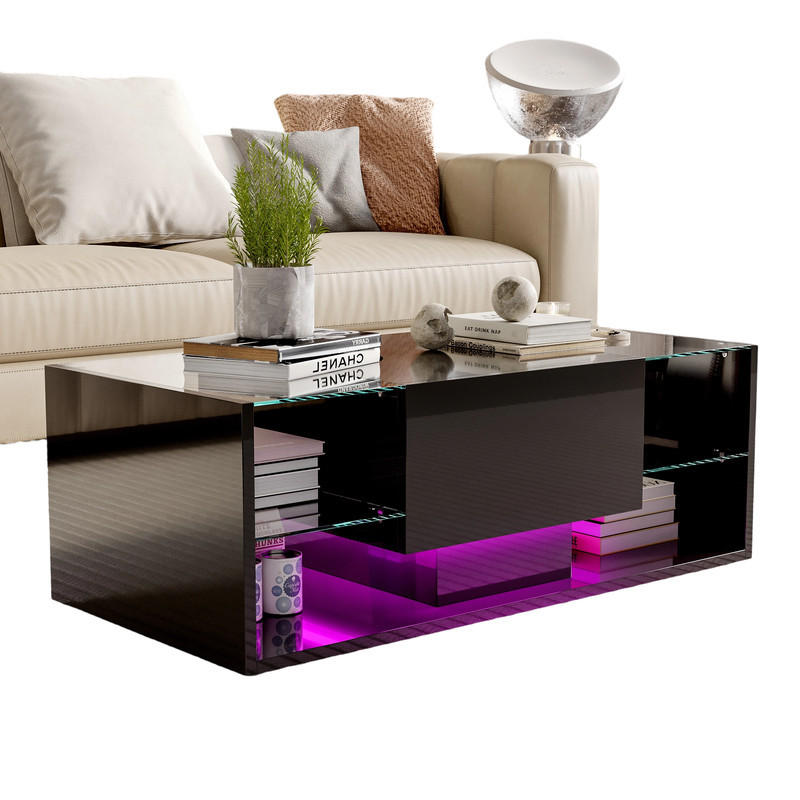 COUCHTISCH Hochglanz Schwarz mit LED, Glas & Aufbewahrung - Schwarz, Metall (100/50/35cm) - SHOPENTRA