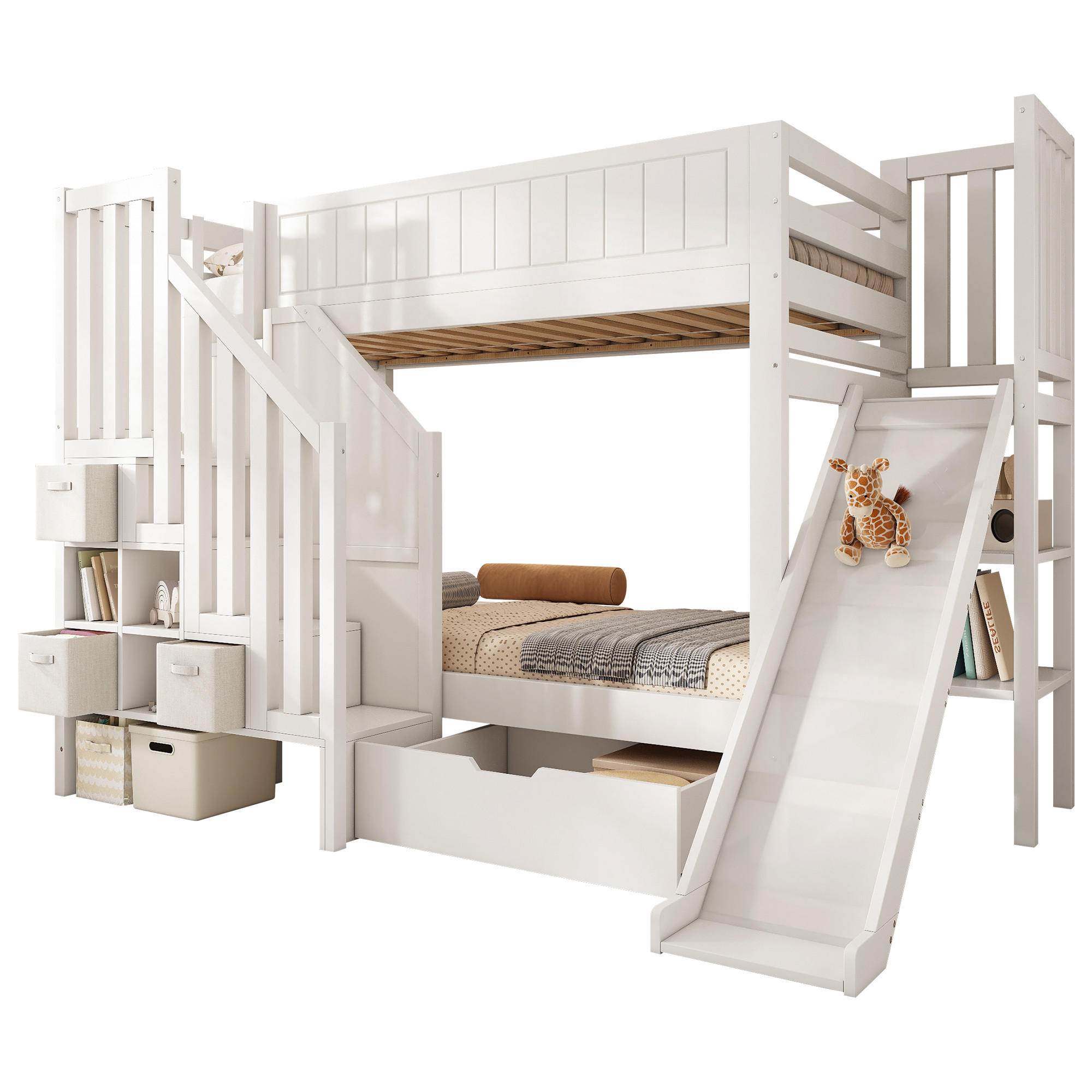 ETAGENBETT 90/200 cm mit Rutsche, Leiterschrank, Regalen und Schubladen, Weiß - Weiß, Holzwerkstoff (90/200cm) - Redom