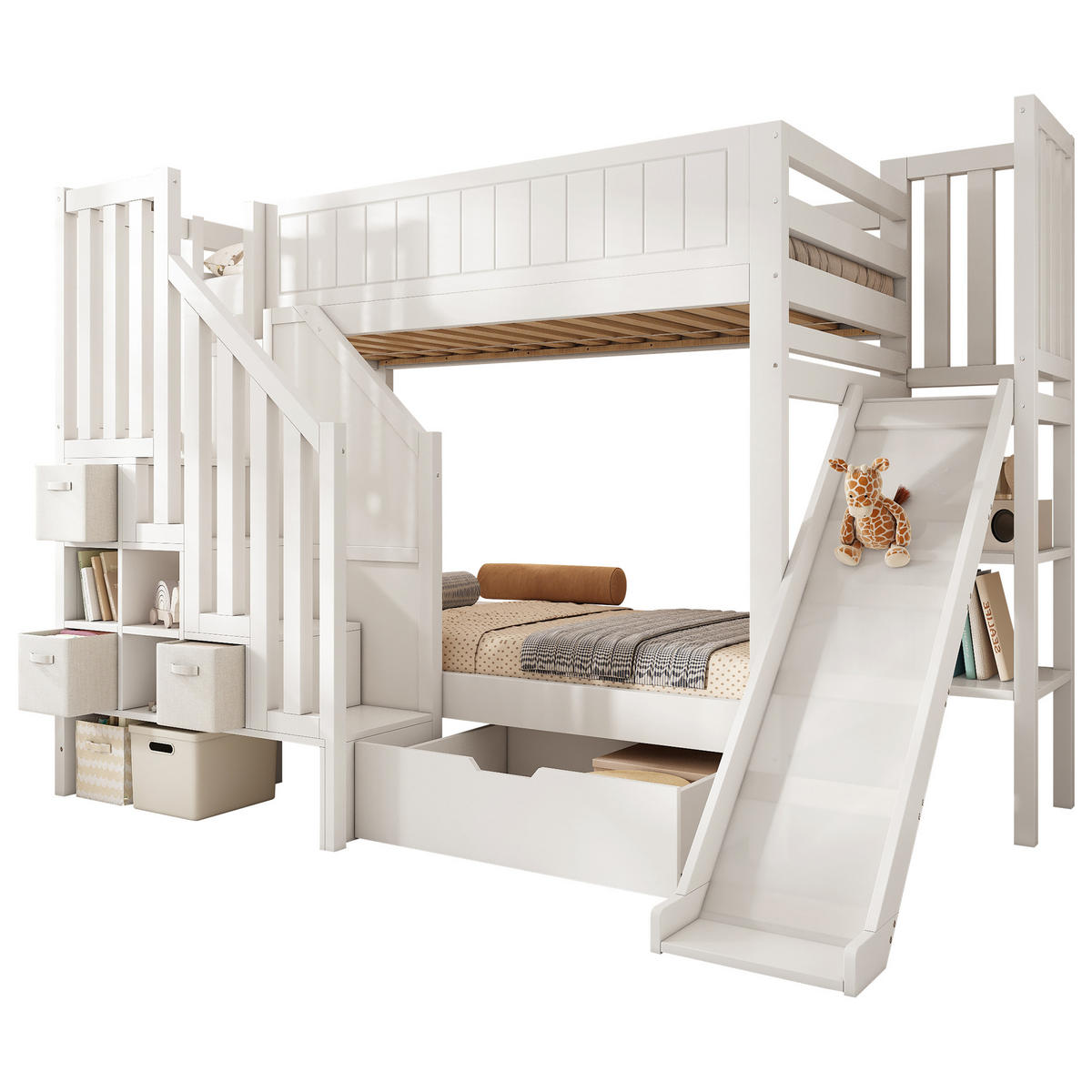 ETAGENBETT 90/200 cm mit Rutsche, Leiterschrank, Regalen und Schubladen, Weiß - Weiß, Holzwerkstoff (90/200cm) - Redom