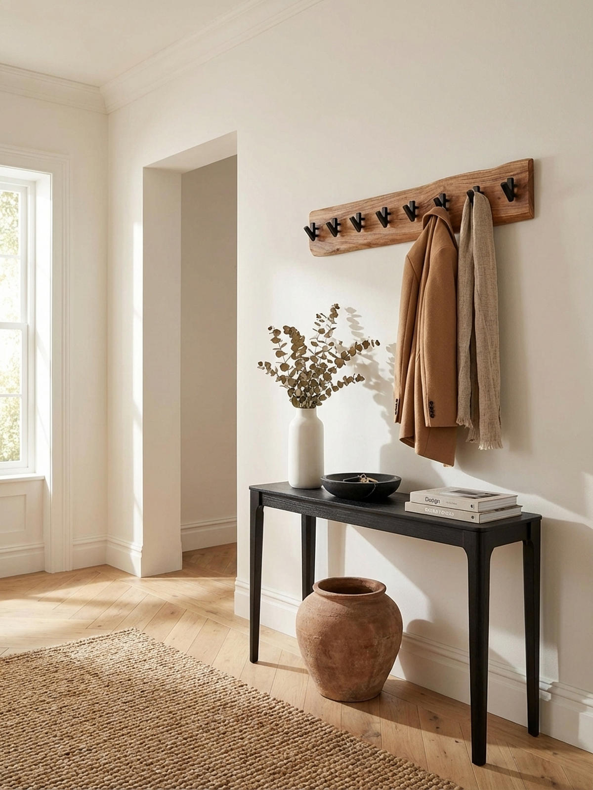 WANDGARDEROBE Massivholz Metall Modern mit Baumkante und 8 Haken - Beige, Holz (90/19/9cm) - KADIMA DESIGN