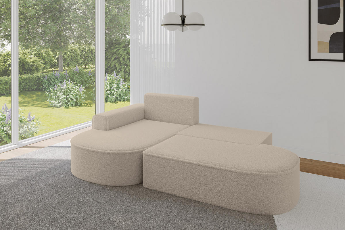 ECKSOFA mit Schlaffunktion und Bettkasten Ottomane Links MARI-L1-S - 283x167x85 cm Dunkelbeige Bouclé - Hellbraun/Schwarz, Holzwerkstoff/Kunststoff (283/167cm) - ALTDECOR