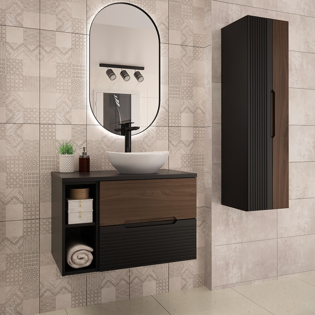 BADMÖBEL 80.6cm Sylla 2er-Set Schwarz und Holz - Schwarz, Holzwerkstoff (80.6/52.2/45.8cm) - Petits-meubles