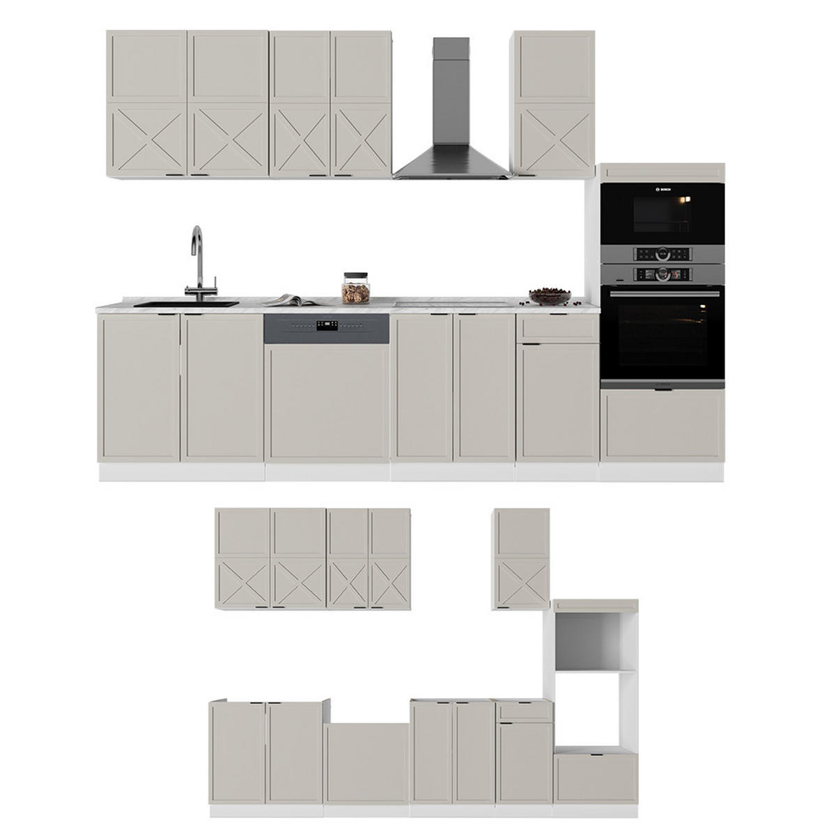 KÜCHENZEILE Fame-Line GrauBeige/Weiß 300 cm mit Hochschrank, ohne AP - Weiß/Grau, Holzwerkstoff (300/81.6/46cm) - Vicco