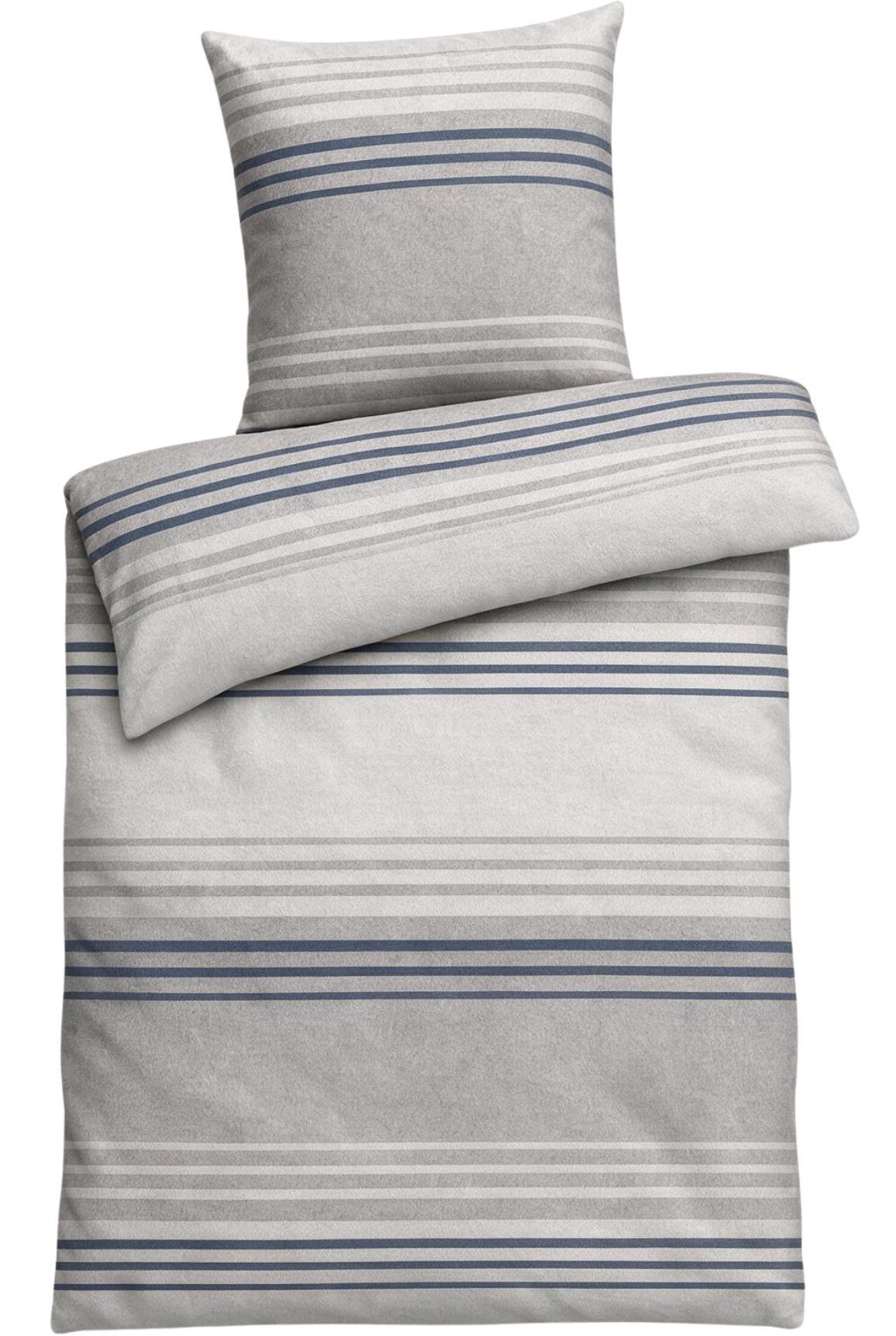 BIBER-BETTWÄSCHE 135x200 - Made in Germany! Flauschig warmer Flanell Bettbezug mit Streifen Muster aus 100% Baumwolle für Herbst & Winter - Blau Grau - Blau, Textil (135/200cm) - Carpe Sonno