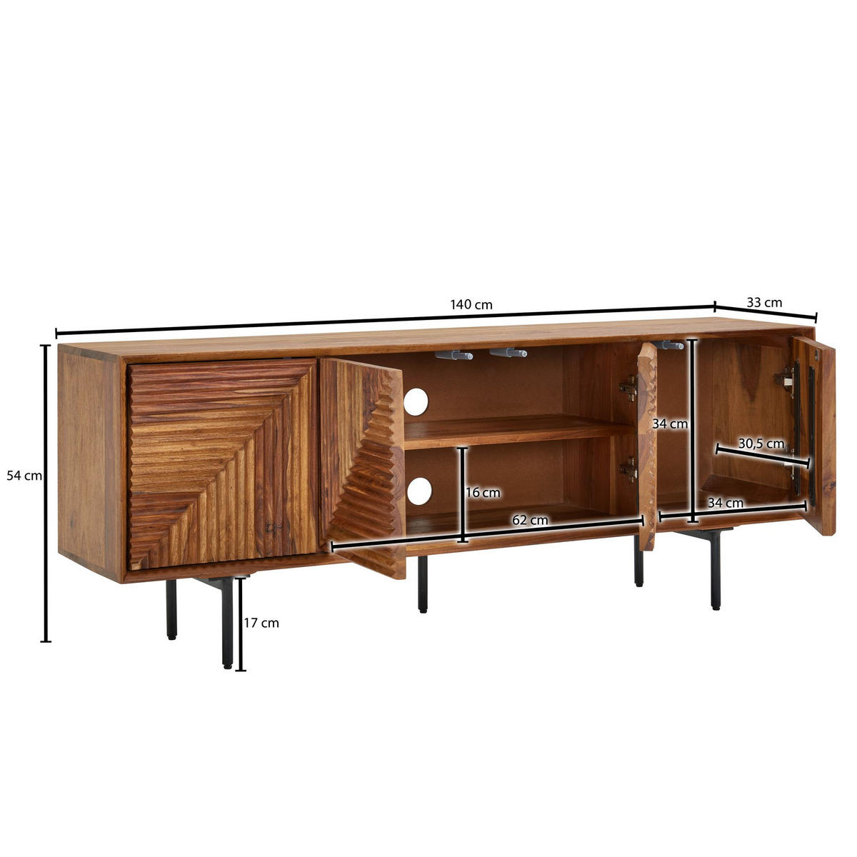 LOWBOARD Massivholz Modern Stil Modell Spectrum mit 3D-Oberfläche und Edelstahl-Gestell - Schwarz/Braun, Holz/Metall (140/54/33cm) - KADIMA DESIGN