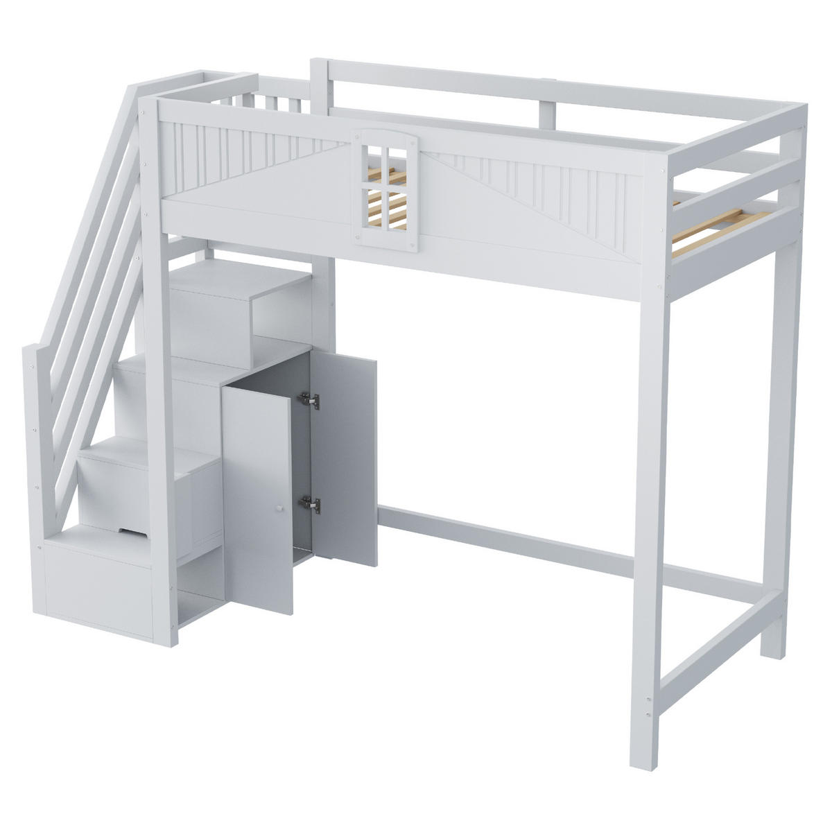 VISOKA postelja 90/200 cm siva z zamenljivo lestvijo in stranskim shranjevanjem iz lesa - siva, leseni material (90/200cm) - OKWISH