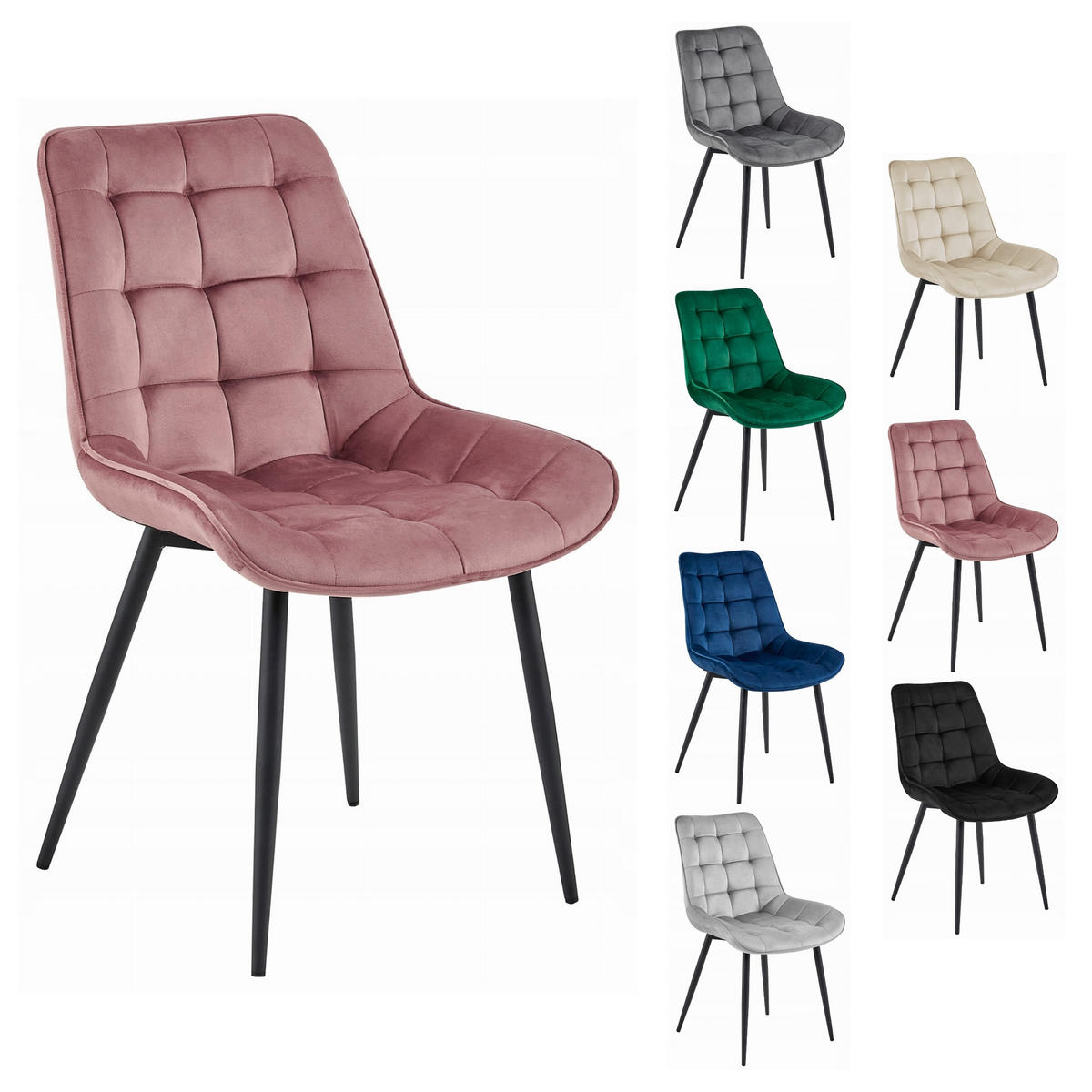 STUHL BARDI 6-er Set, Rosa, Schwarz, mit Samtstoff gepolstert - Grün, Textil/Metall (43/90/51cm) - Komodee