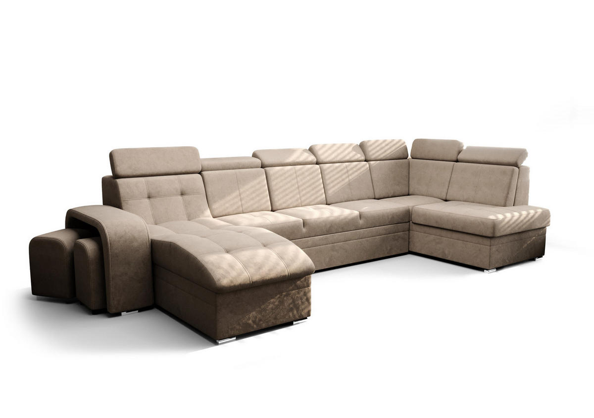 WOHNLANDSCHAFT KONGO RBN13, Eckcouch in U-Form mit Schlaffunktion, Farbe: Beige, Velourstoff, Ottomane Links - Beige, Textil (392/108/180cm) - O-Sofa