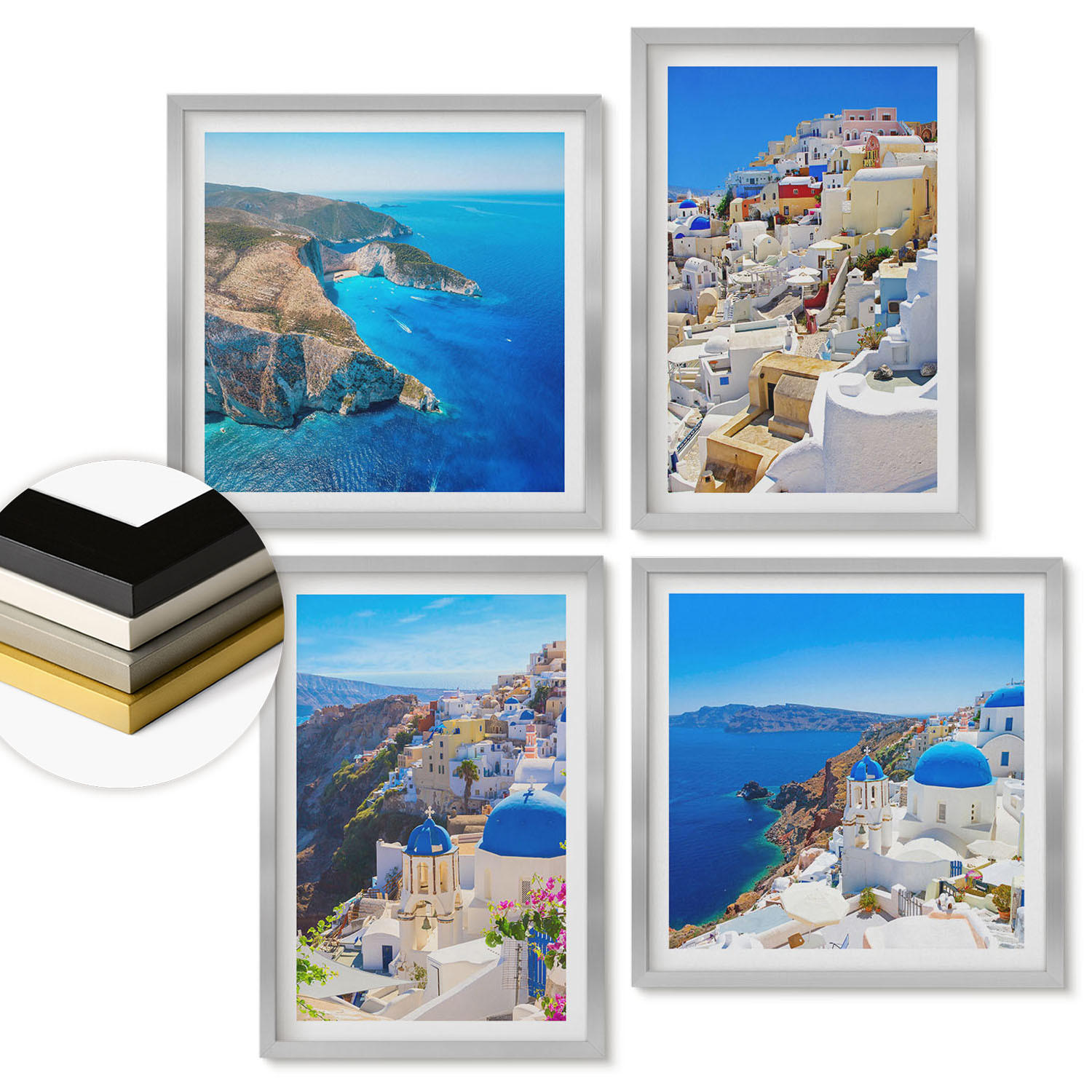 WANDBILDER 4er Set - 50x50 cm & 40x60 cm Silberner Rahmen - Architekturlandschaft Oia Santorin Griechenland - Silberfarben, Kunststoff (50/50cm) - ArtPrintCave