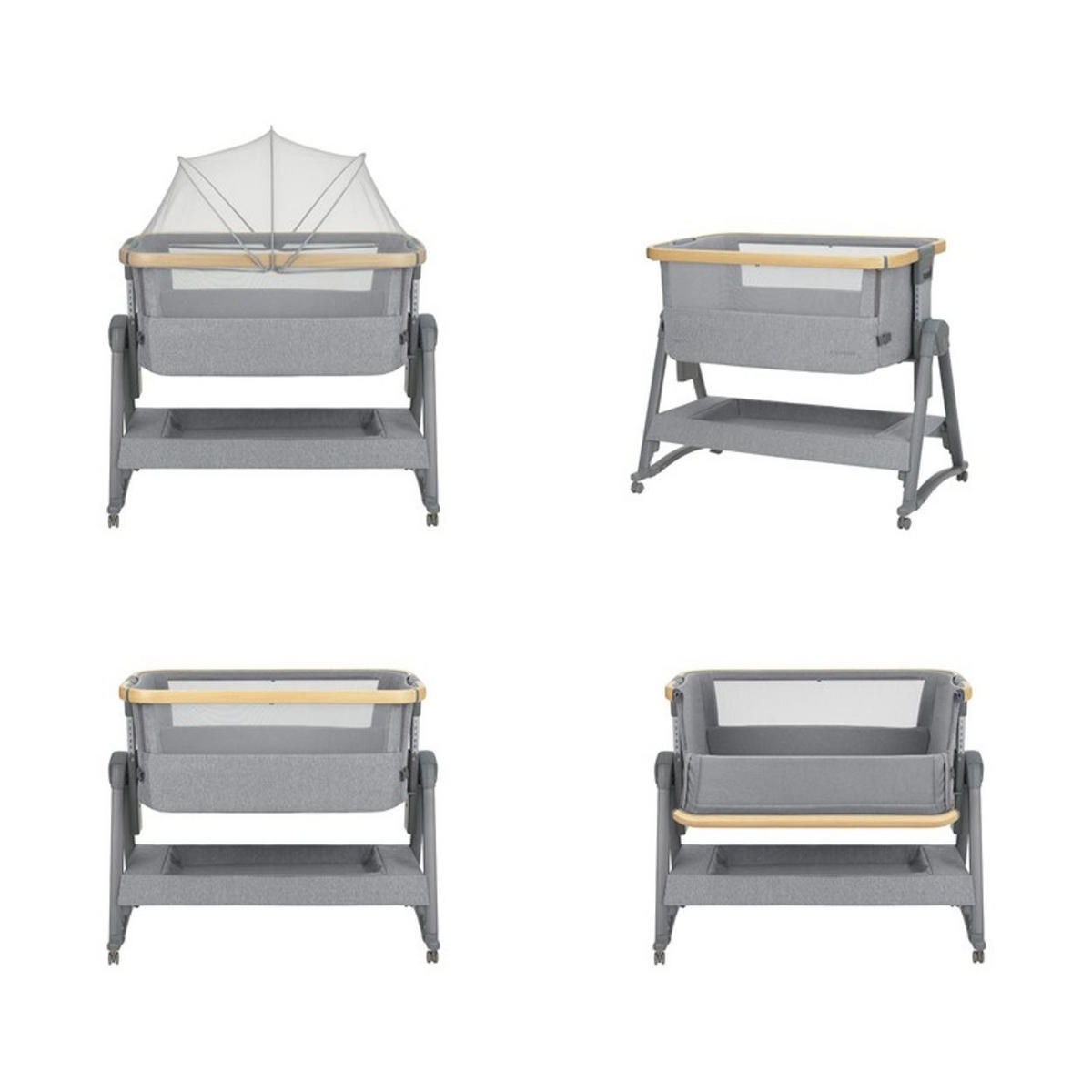 BEISTELLBETT Nanna 2 grau 100 x 48 cm, Schaukelstäbe, Anti-Reflux, Moskitonetz, Räder mit Bremse - Grau, Metall (48/100cm) - Kikka boo