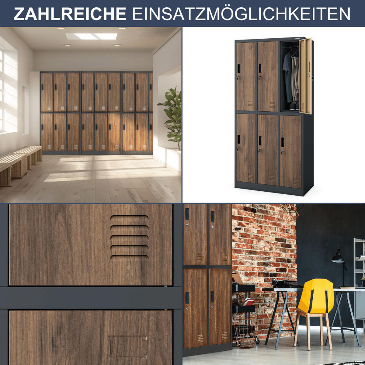 UMKLEIDESCHRANK Spind TOKIO 6 Abteile 185x90x45cm Anthrazit-Nussbaum - Anthrazit, Metall (90/185/45cm) - DELUKE