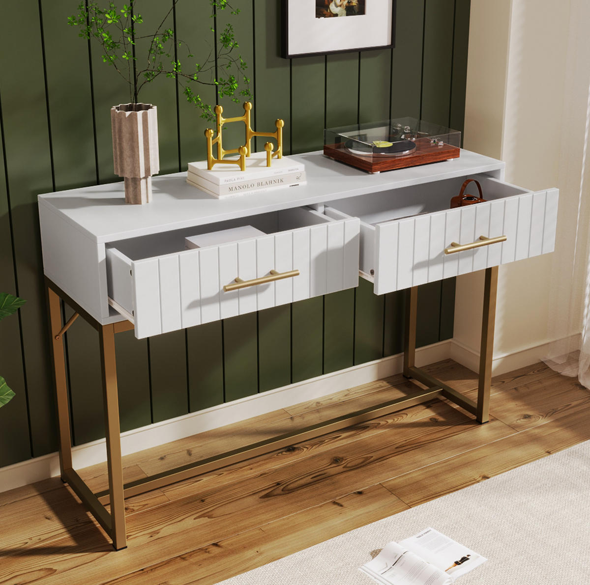 SCHMINKTISCH aus Spanplatte 100x45x75 cm Weiß mit 2 Schubladen, Metallgestell und geriffelten Fronten - Weiß, Holzwerkstoff (100/75/45cm) - Modfu