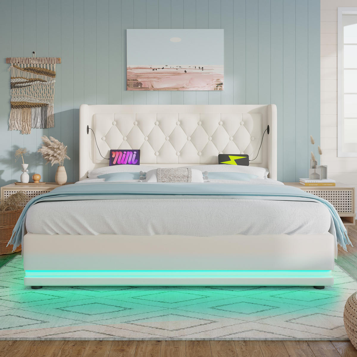 POLSTERBETT 160/200 cm Weiß PU mit hydraulischem Stauraum und USB-C-Anschlüssen - Weiß, Kunststoff (160/200cm) - OKWISH