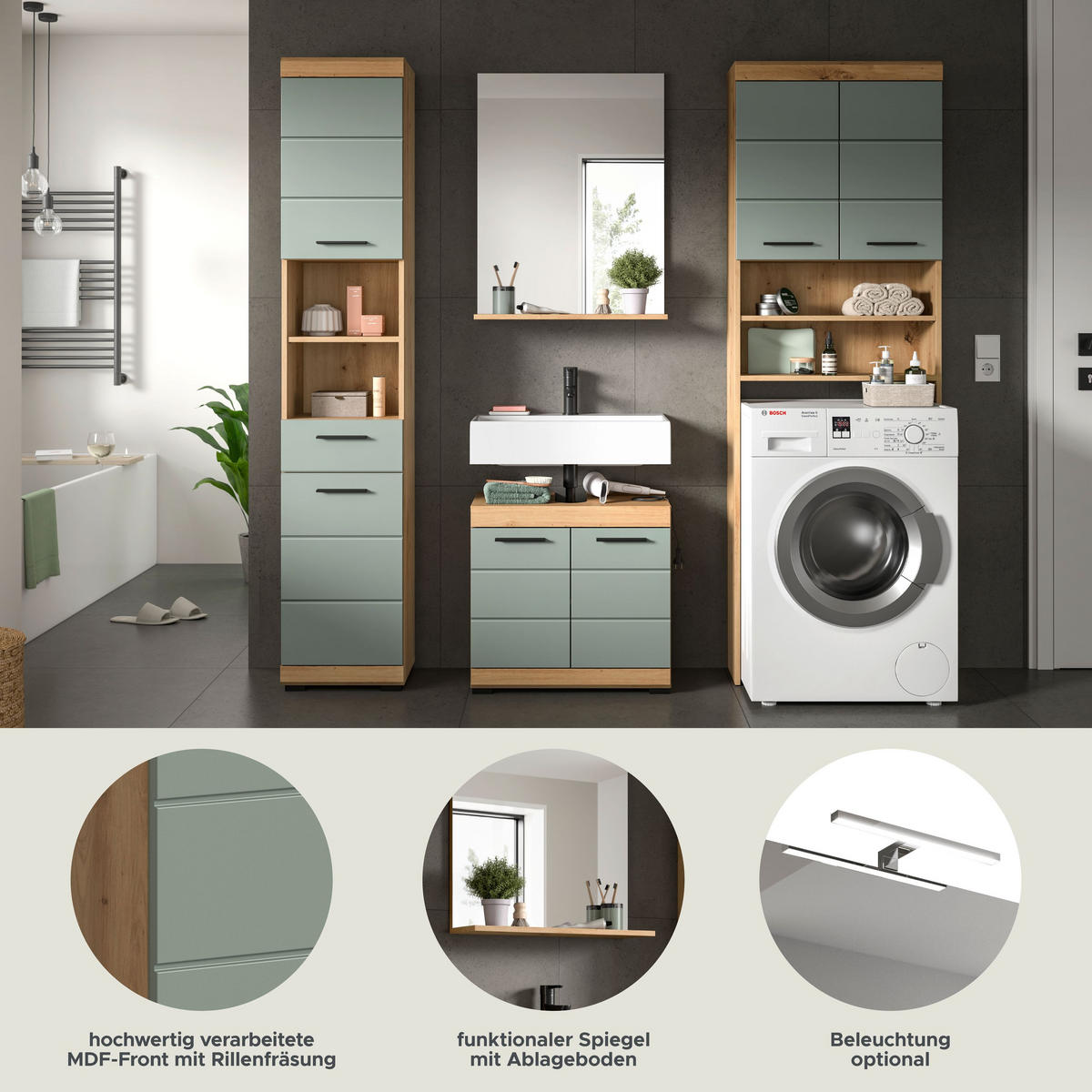 BADKOMBINATION 4tlg. Scout Bad in Artisan Eiche Nachbildung und Salbei Nachbildung B/H/T: 190x191x34 cm - Eiche Artisan, Holz (190/191/34cm)