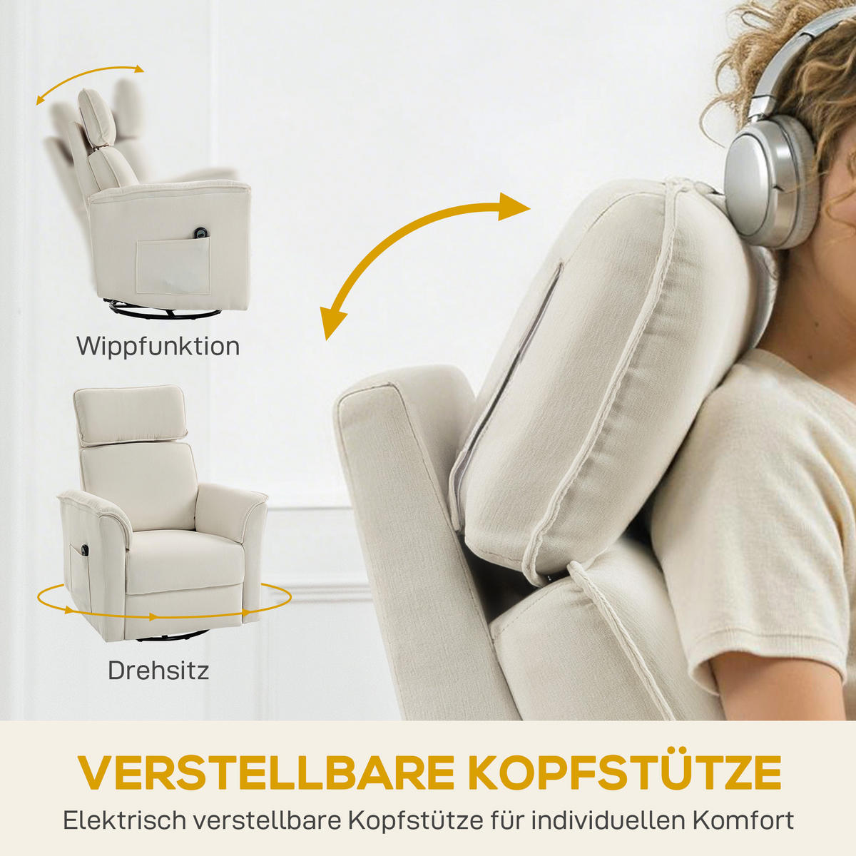 RELAXSESSEL DE-06431 mit Liegefunktion, 135° neigbar, verstellbare Kopfstütze Cremeweiß - Creme, Holzwerkstoff/Textil (78/105/91cm) - ComfortXL