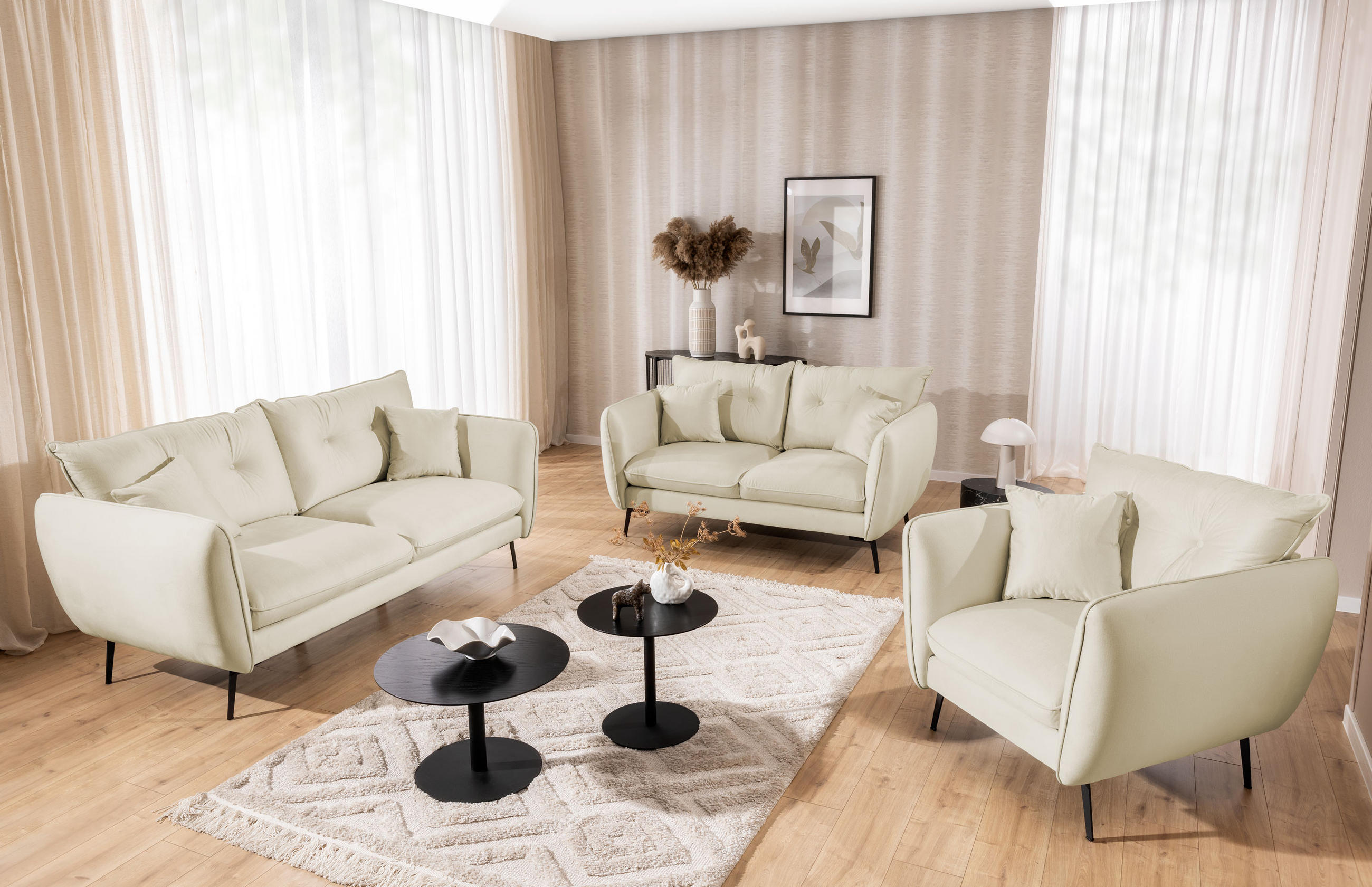 SITZGARNITUR 3+2+1 Nordloft Beige Samt - Beige/Schwarz, Holz/Textil (204/86/100cm) - S-Style Möbel