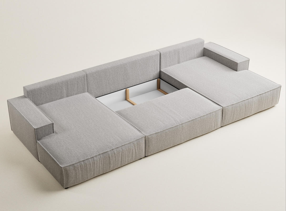 WOHNLANDSCHAFT Kyoto Beige grau Webstoff - Greige/Schwarz, Holz/Holzwerkstoff (398/70/148cm) - Maison de Reve