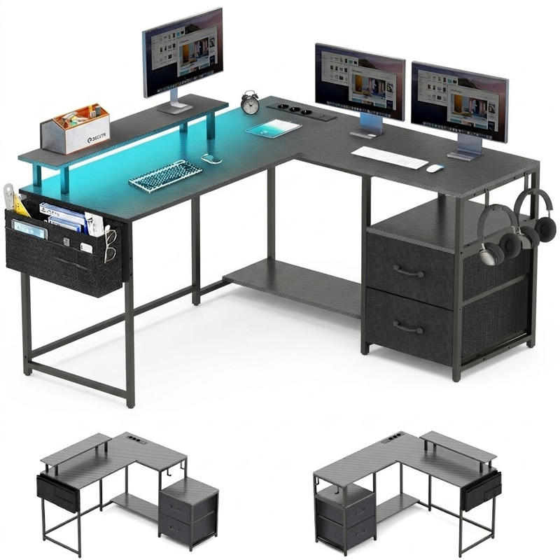 GAMINGTISCH L-förmig,120 x 120 x 75 cm,Eckschreibtisch mit Ablagefach,mit Monitorständer,2 USB mit 3 Buchsen,Schwarz - Schwarz, Metall (120/40/75cm)