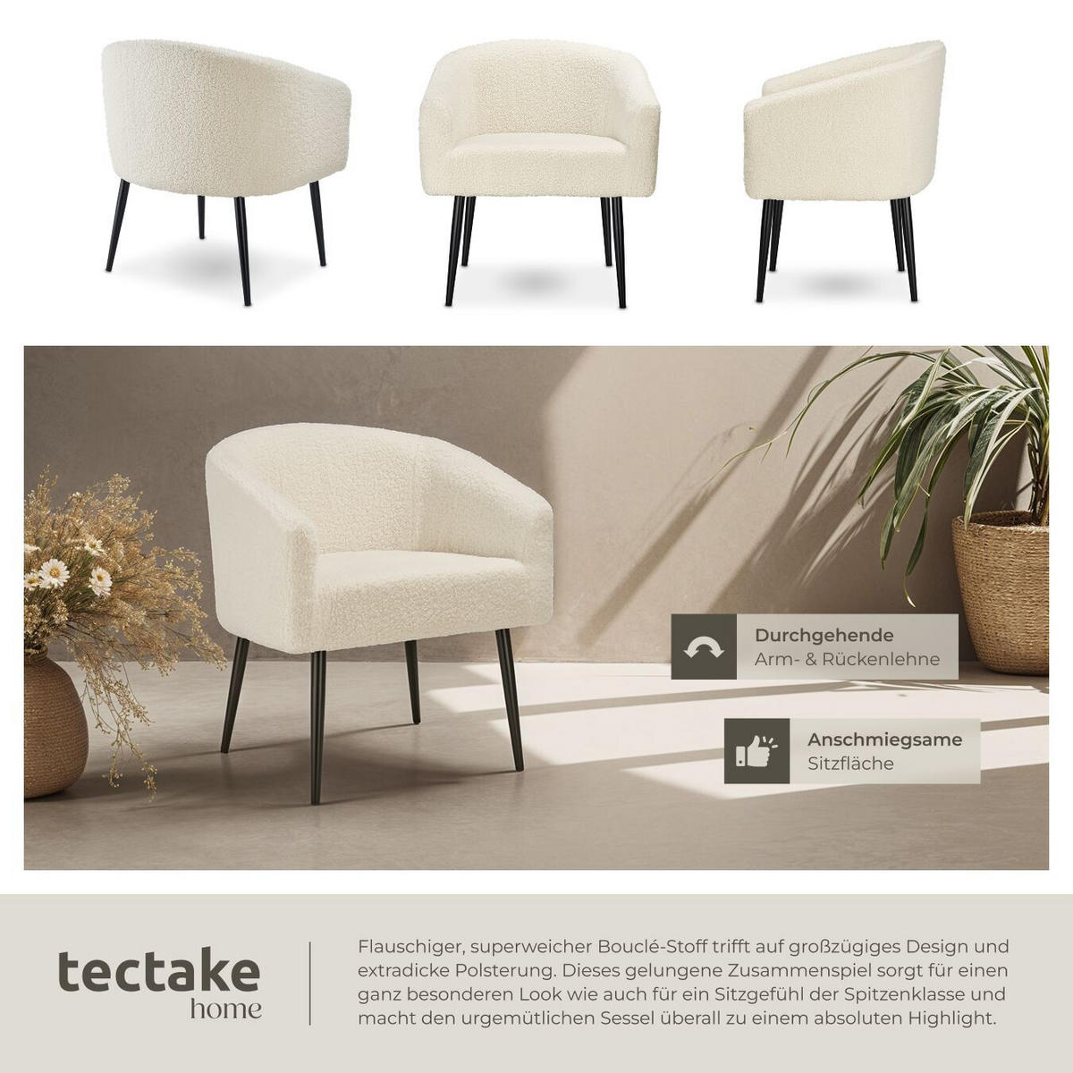 SESSEL Mysig,120 kg Belastbarkeit, 68 x 62 x 77 cm,creme - Creme, Kunststoff (68/77/62cm) - tectake