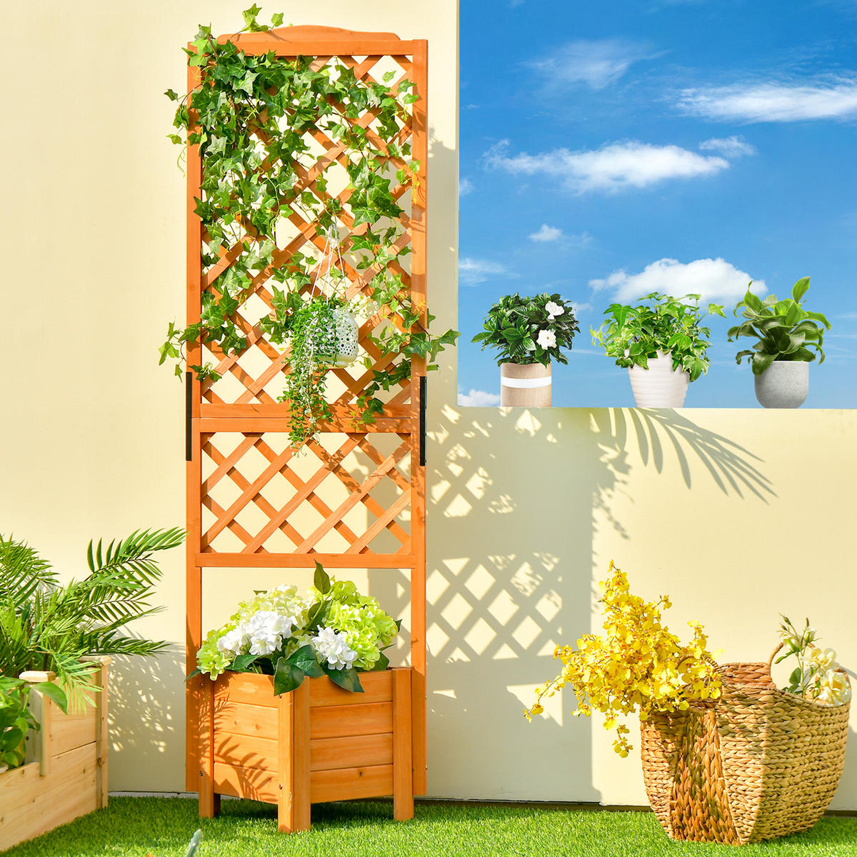 BLUMENKASTEN mit Rankgitter Orange - Orange, Holz (52/180/55cm) - COSTWAY