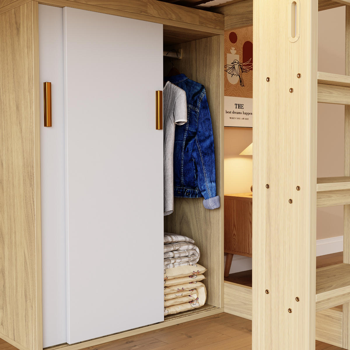 HOCHBETT 90x200 Holz Schreibtisch Schrank LED - Naturfarben, Holzwerkstoff (90/200cm) - FLIEKS