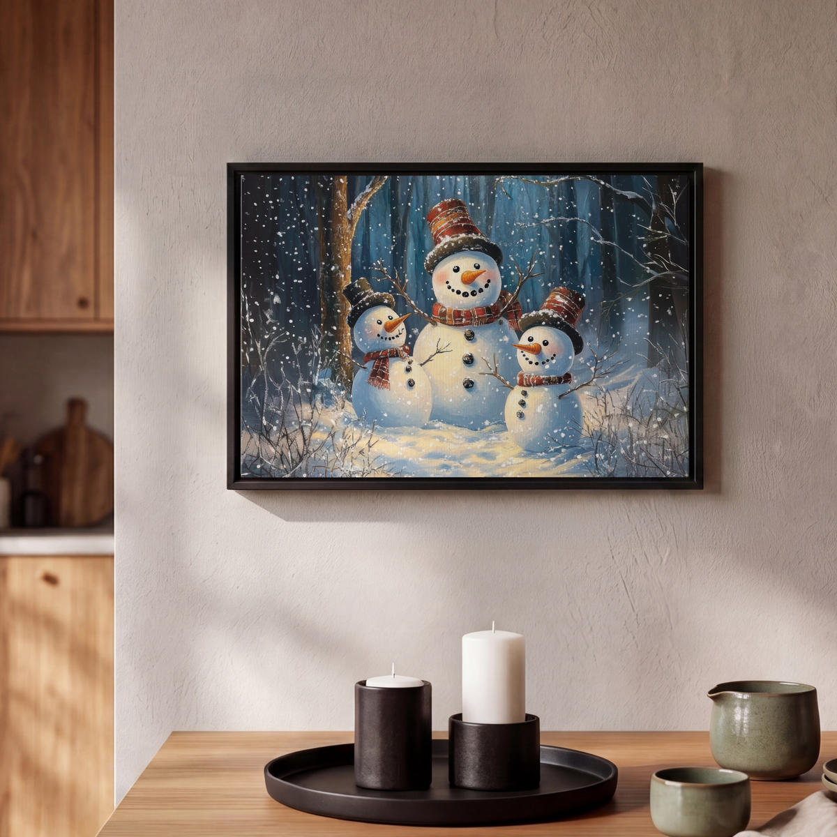 LEINWAND Bilder mit Rahmen - Schneemann - Schnee - Winter - Wald - 30x20 - Hellblau, Textil (30/20cm) - MuchoWow