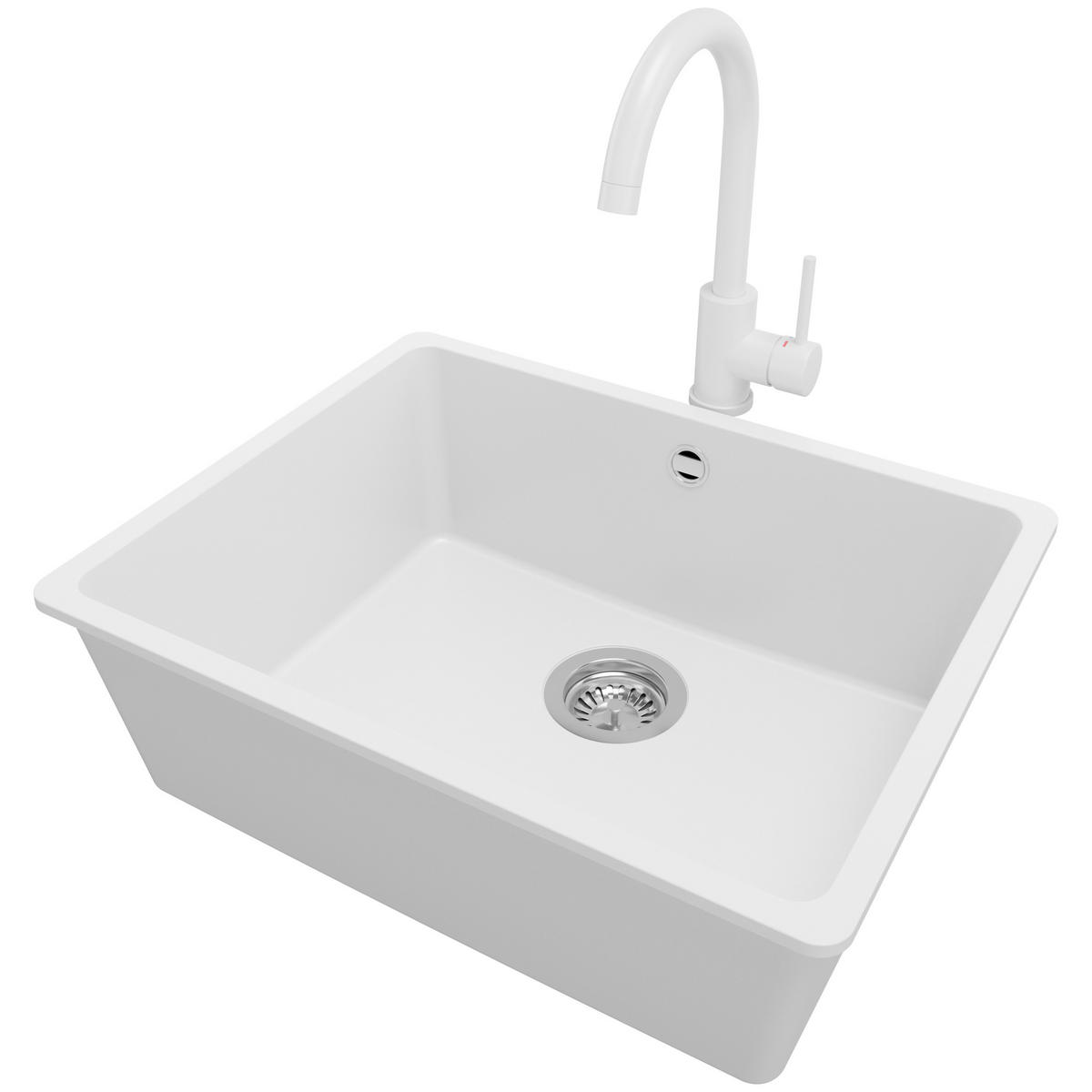 GRANITSPÜLE Venedig Slim Easy, 2-er set Weiß 56/44 cm 1 Becken + Küchenarmatur 32/20 cm + Ablauf-Set ab 60er Unterschrank - Chromfarben/Weiß, Kunststoff (56/20/44cm) - Primagran