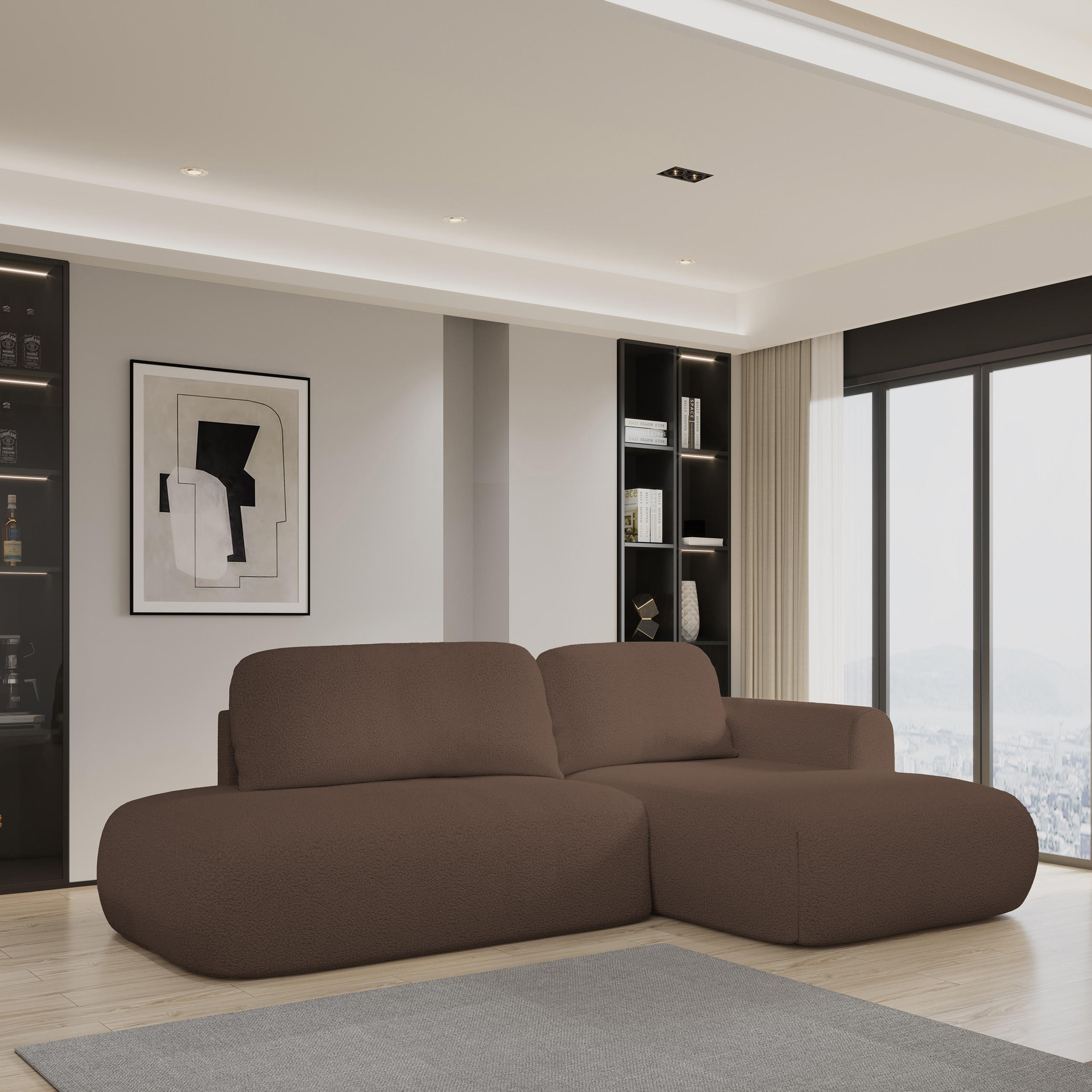ECKSOFA NUVIRA R-S Braun Boucle-Stoff mit Schlaffunktion - Braun, Holz (274/165cm) - MASSENO