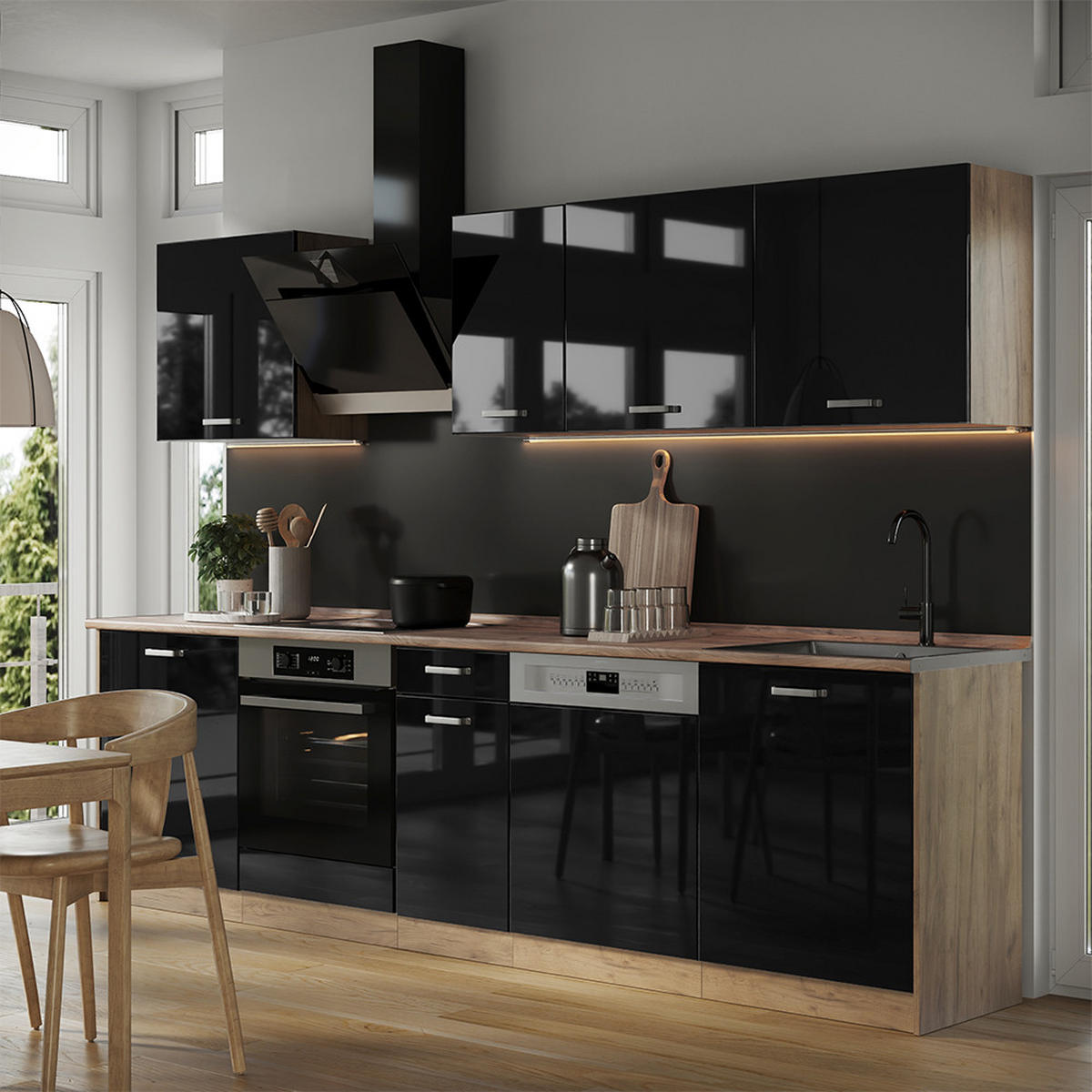 KÜCHENZEILE R-Line, Schwarz Hochglanz/Goldkraft Eiche, 280 cm Arbeitsplatte Anthrazit - Honigeiche/Schwarz Hochglanz, Holzwerkstoff (280/206.8/60cm) - Vicco