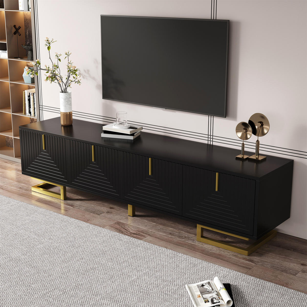 TV-SCHRANK Lowboard 3D Türen Goldbeine - Schwarz, Holzwerkstoff (160/44.5/38cm) - LEBENLANG
