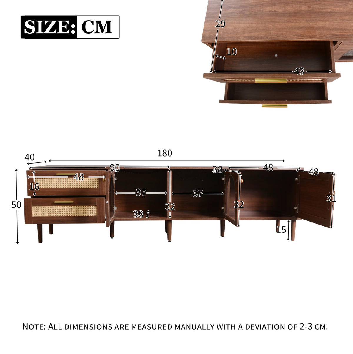 TV-SCHRANK in Braun mit LED, Rattan-Schubladen und Glastüren 180/40/50 cm - Braun, Holzwerkstoff (180/50/40cm) - Redom