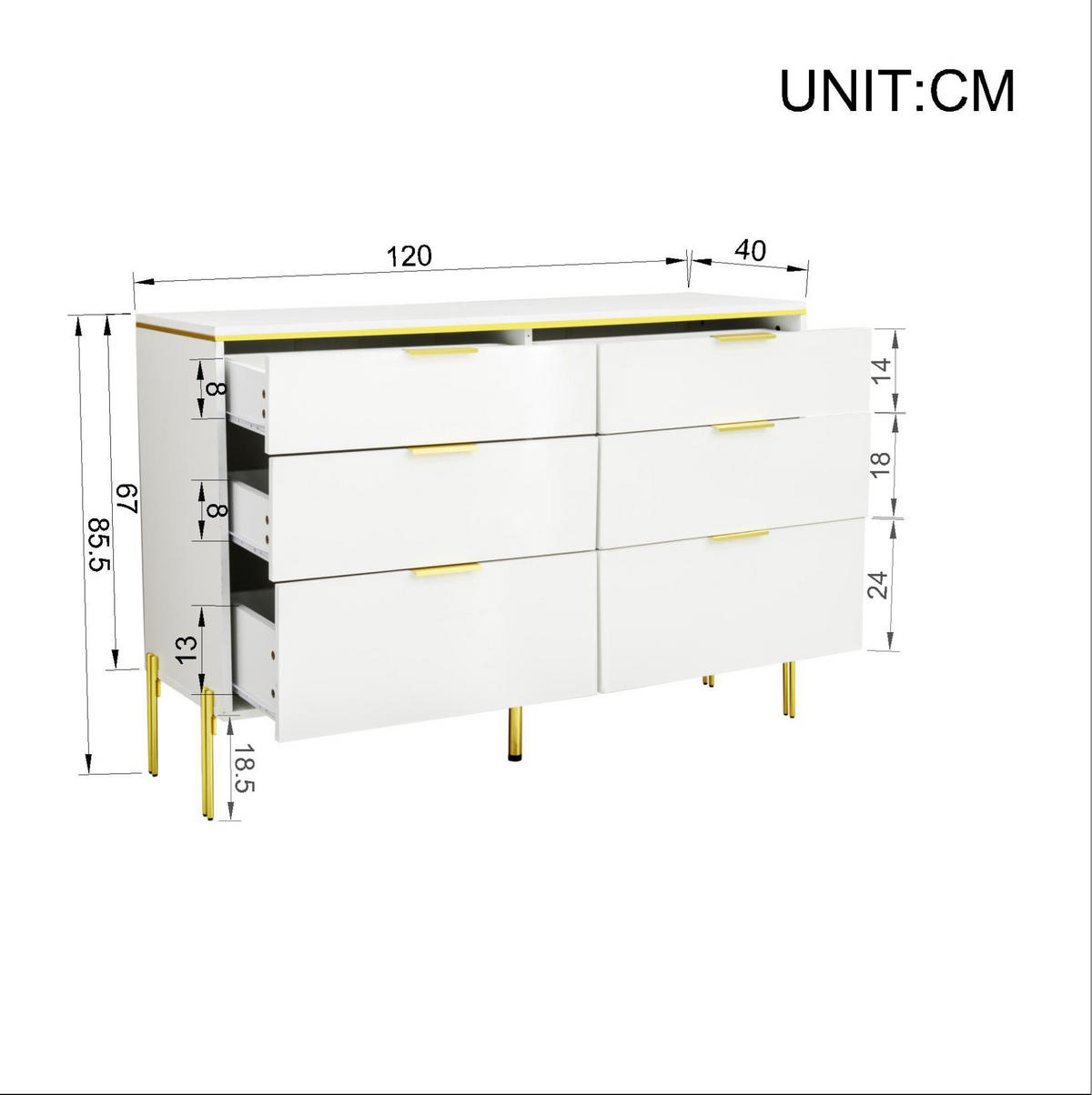 KOMMODE 120/85,5/40 cm Weiß aus Spanplatte mit 6 Schubladen - Weiß, Holzwerkstoff (40/85.5/120cm) - OKMYHOME