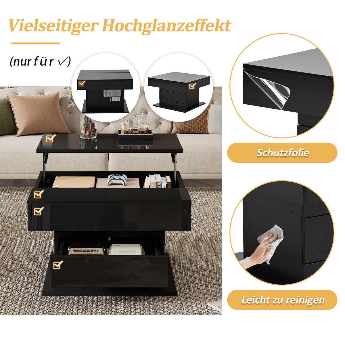COUCHTISCH 70x70 Hochglanz Drehbar 1 Schublade Schwarz - Schwarz, Holzwerkstoff (70/70/45cm) - FLIEKS