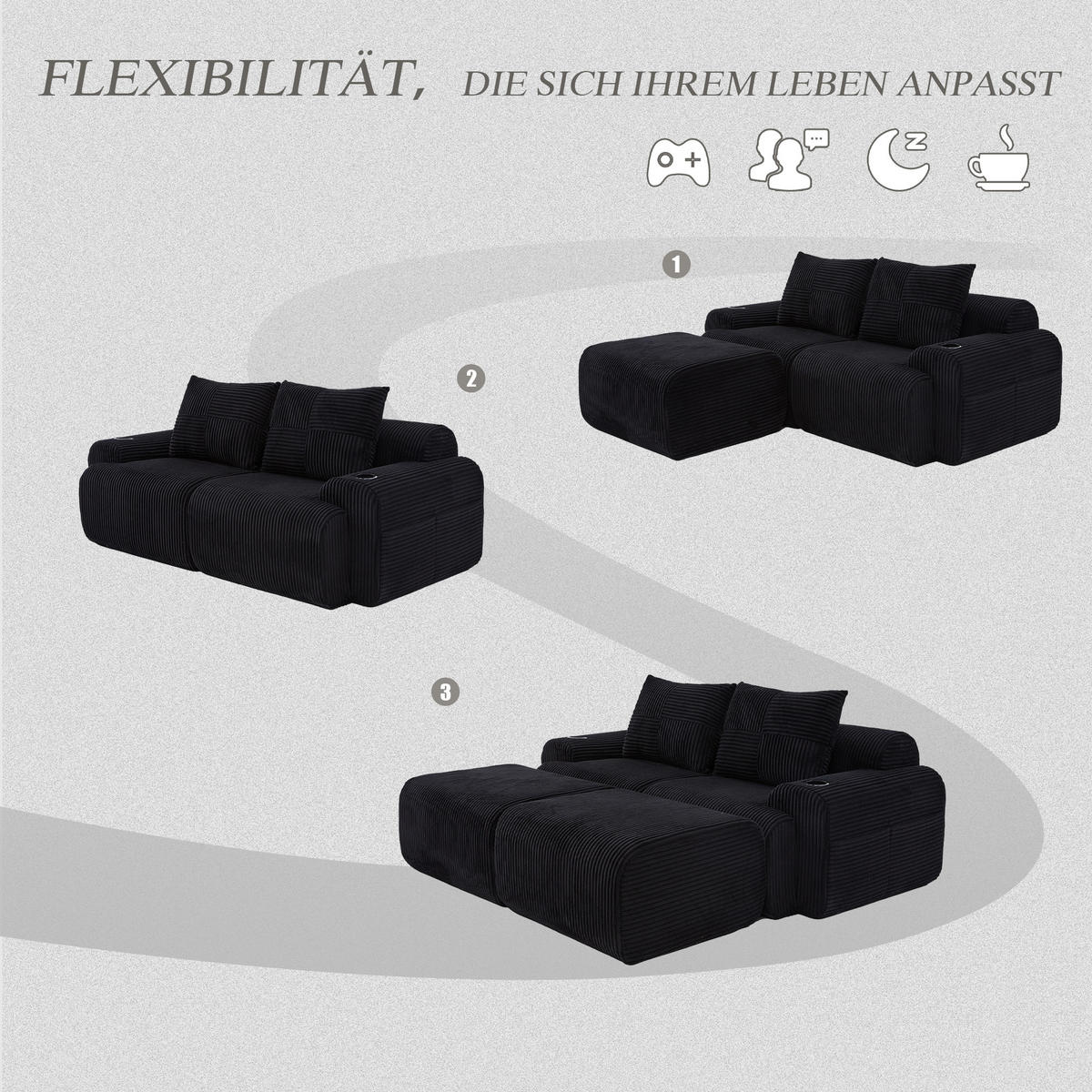 MODULARES 2-Sitzer Sofa Cordstoff mit Getränkehalter und Seitentasche 200/174/80 cm Schwarz - Schwarz, Textil (174/80/200cm) - Redom