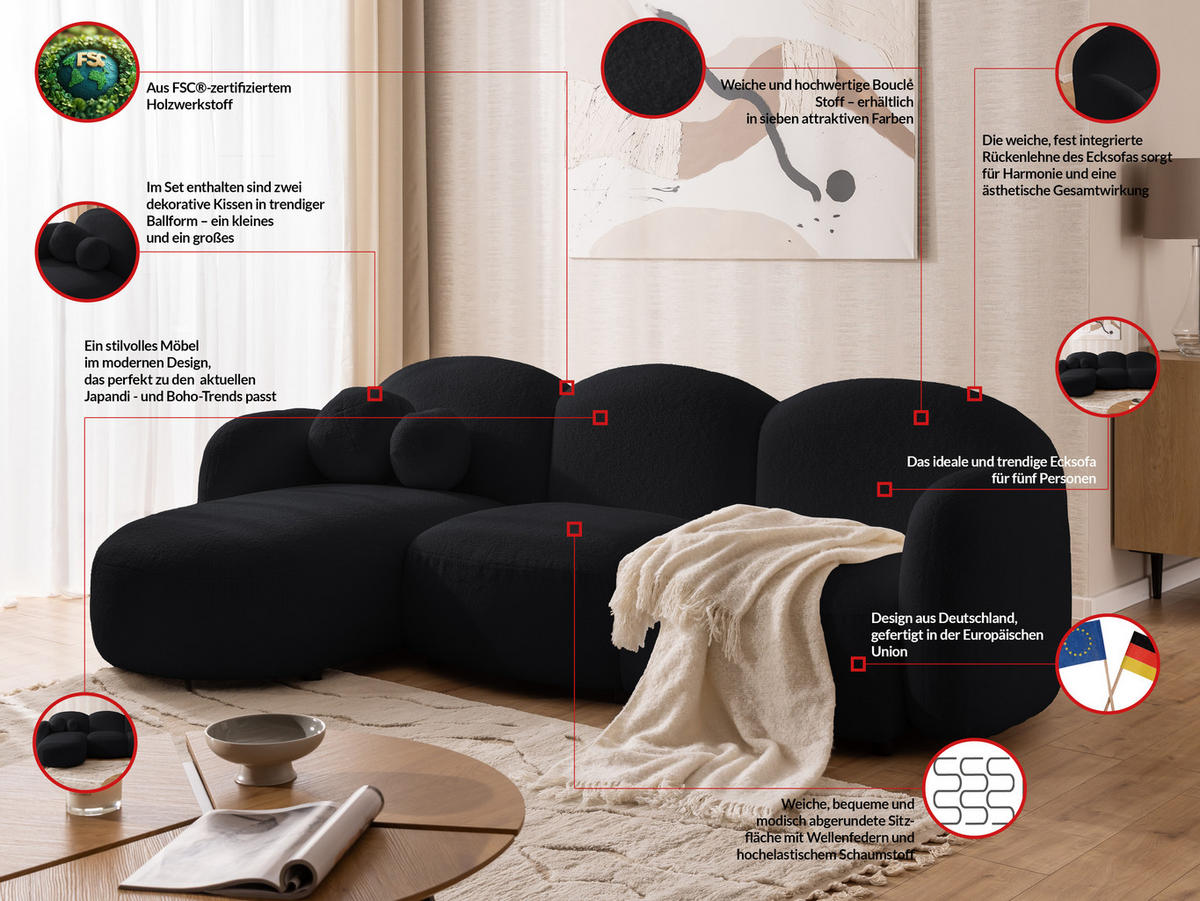 ECKSOFA Nuvola mit abgerundetem Design Schwarz Bouclé-Stoff - Ottomane Links - Schwarz, Holz/Kunststoff (268/146cm) - S-Style Möbel
