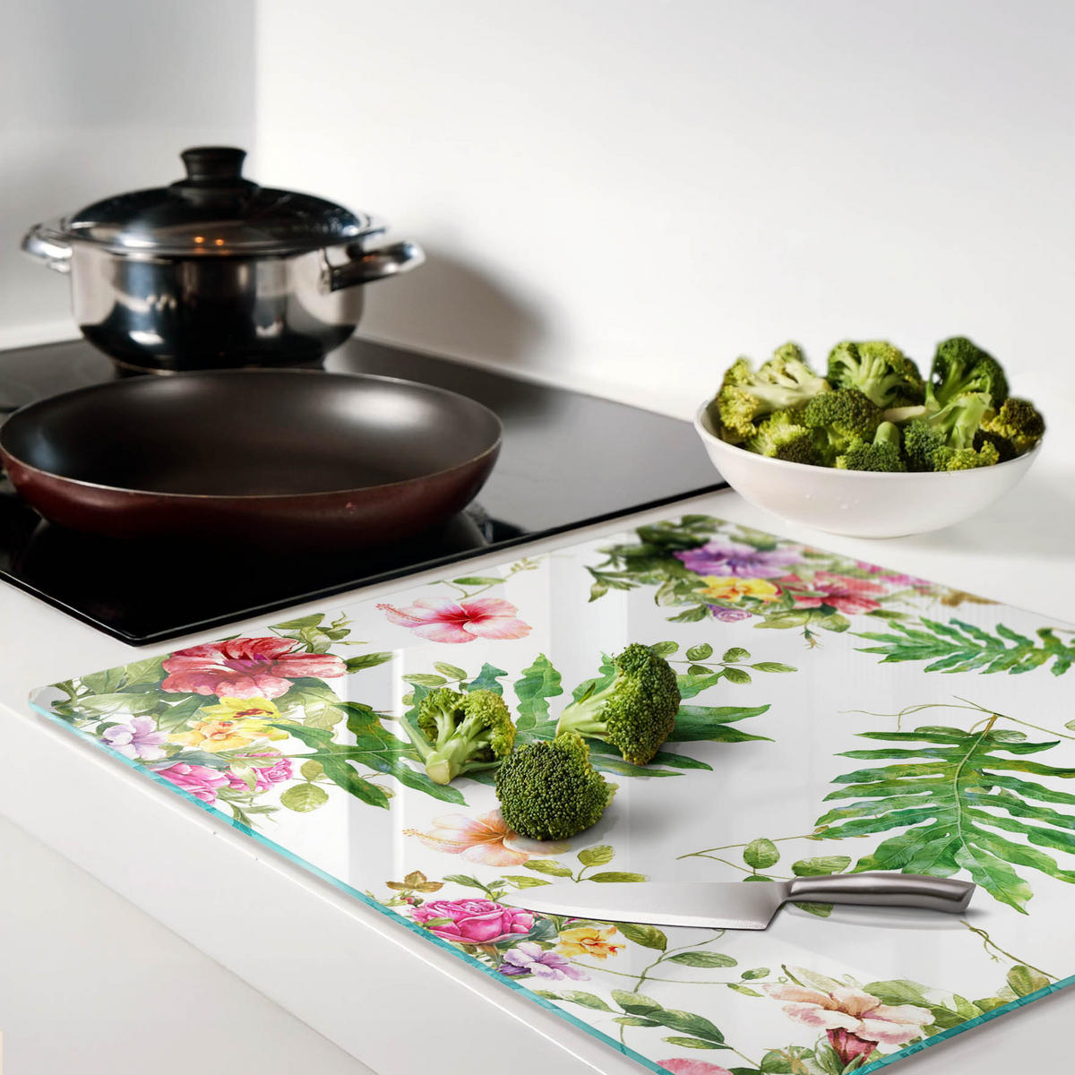 GLASPLATTE 60x52 cm Blumenmuster - Grün, Glas (60/0.4/52cm) - TULUP