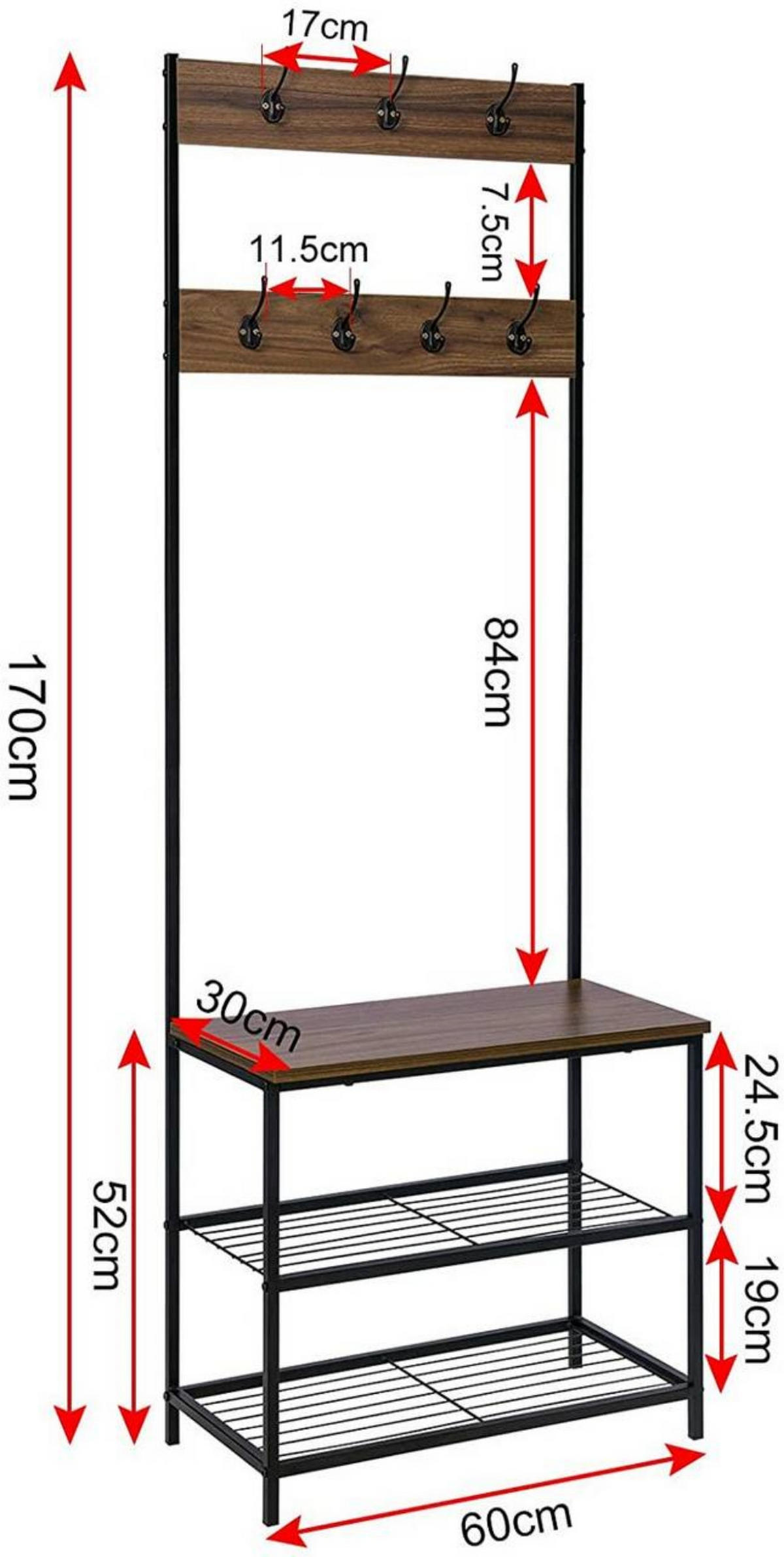 KLEIDERSTÄNDER mit Sitzfläche, Dunkle Holzoptik - Walnussfarben, Holzwerkstoff/Metall (60/170/31.5cm) - Woltu