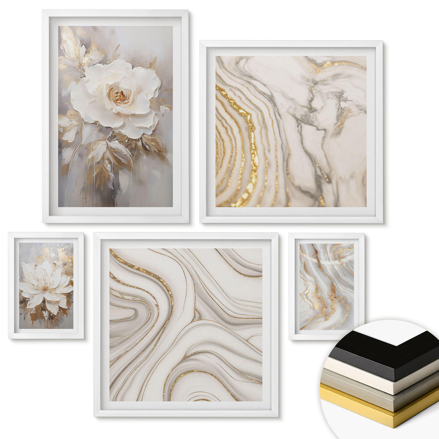 WANDBILDER 5er-Set - 50x50 cm & 20x30 cm & 40x60 cm Weißer Rahmen - Subtile abstrakte Muster - Weiß, Kunststoff (40/60cm) - ArtPrintCave