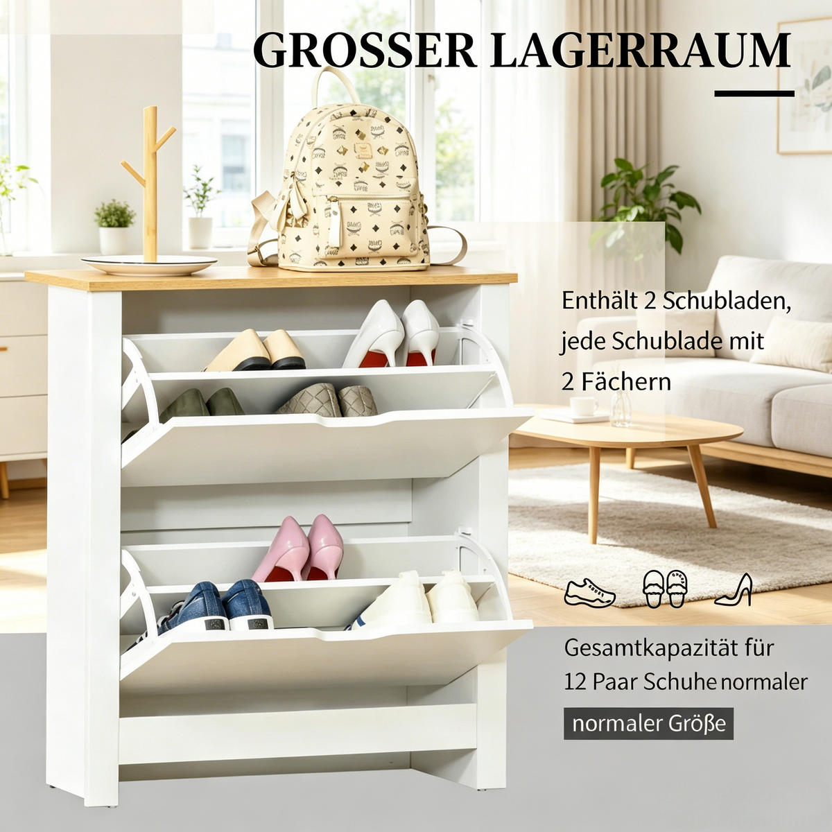 SCHUHKIPPER DE-38082 72/26/80 cm mit 2 Klapptüren Naturholz/Weiß - Weiß, Holzwerkstoff (72/80/26cm) - ComfortXL