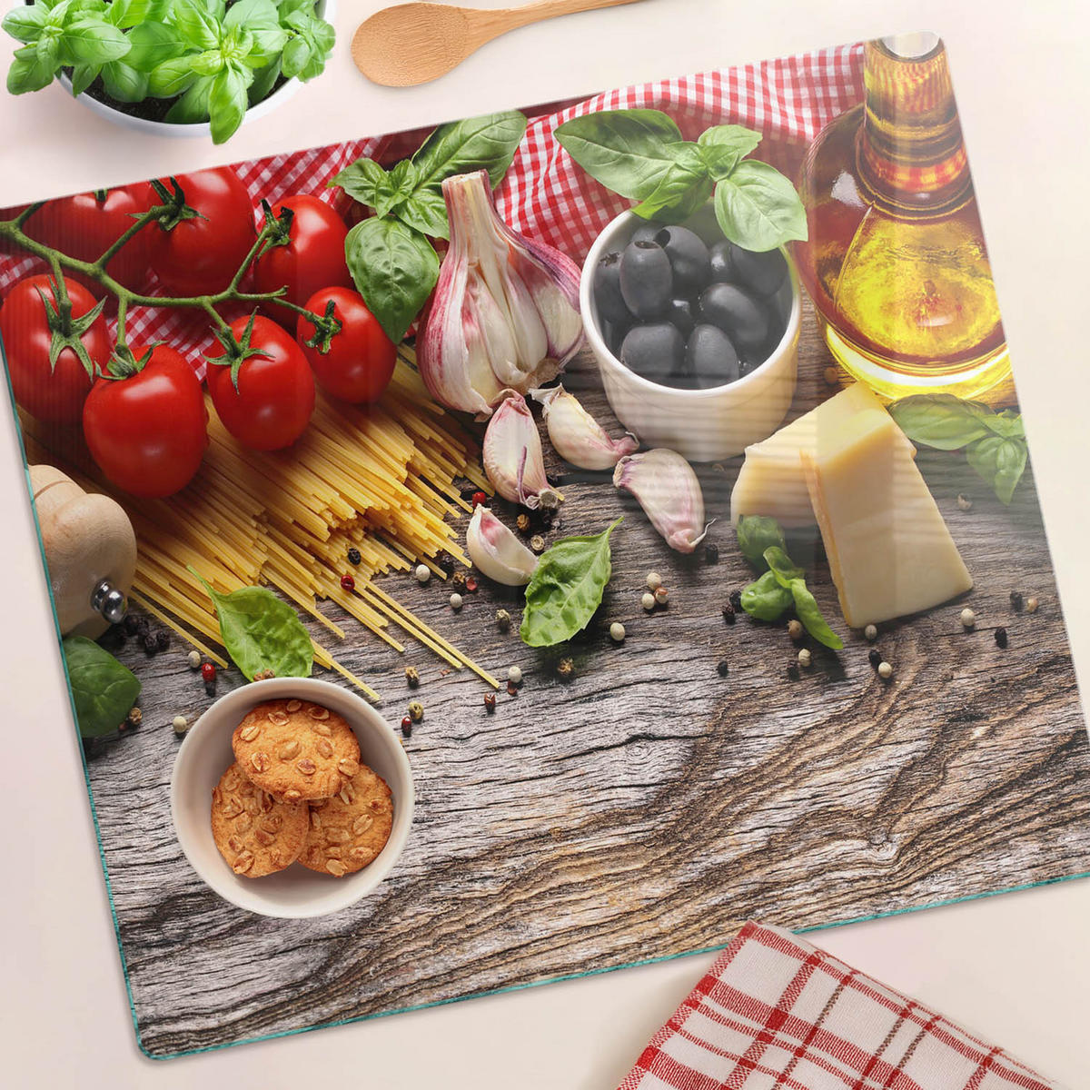 GLASPLATTE 60x52 cm Italienisches Essen - Multicolor, Glas (60/0.4/52cm) - TULUP