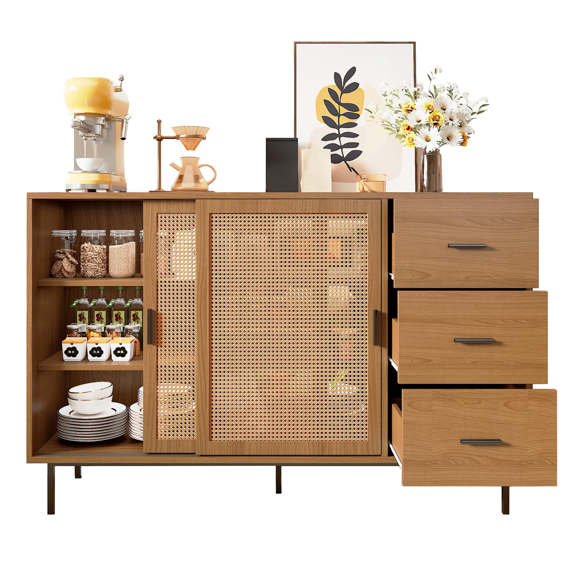 SIDEBOARD 140/37/91 cm mit 2 Schiebetüren & 3 Schubladen in Natur - Naturfarben, Holzwerkstoff (140/91/37cm) - BEAOK
