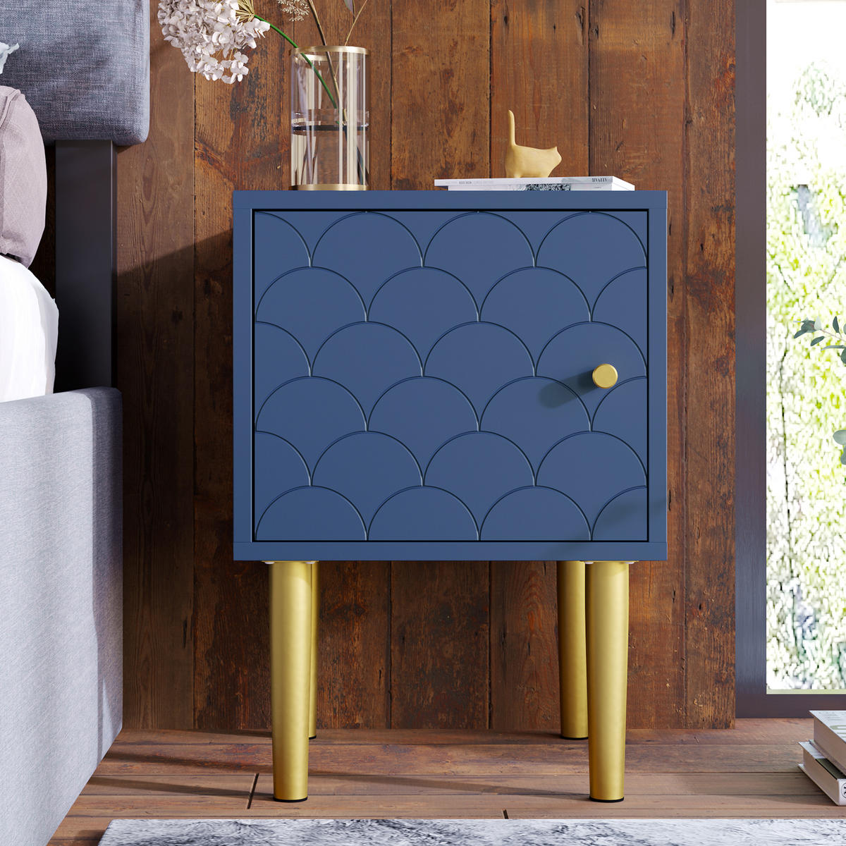 NACHTTISCH 35/35/51 cm marineblau aus Holz-Metall mit Magnettür - Dunkelblau, Holz (35/51/35cm) - OKWISH