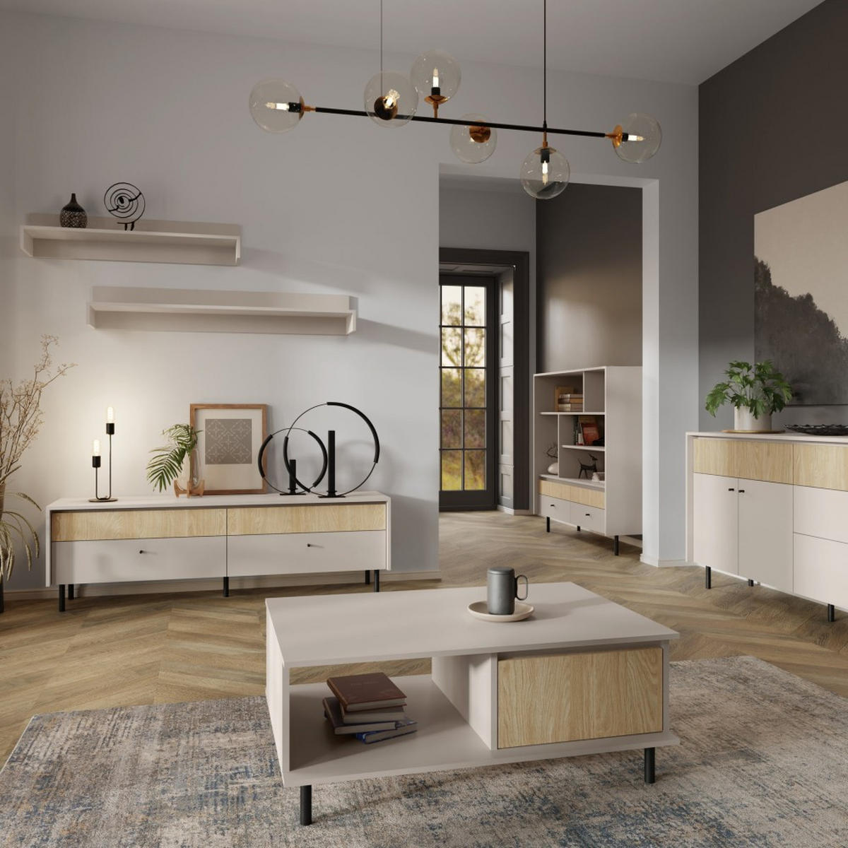 HIGHBOARD Monako mit 2 Schubalden und 3 Türen, Beige Sand - Eichefarben/Beige, Holzwerkstoff/Metall (103/125/42cm) - Beautysofa
