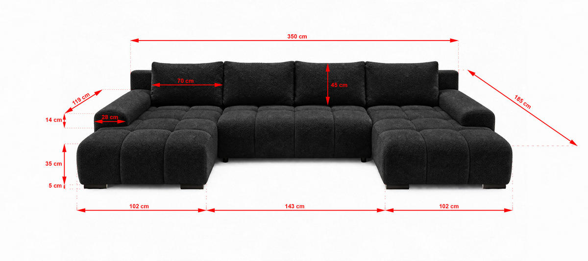 WOHNLANDSCHAFT OVIA U mit Bettkasten und Schlaffunktion, Bouclé-Stoff in U-Form - Schwarz, Textil (350/80/185cm)