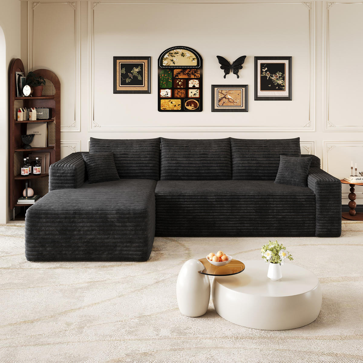 ECKSOFA Cord Schwarz ohne Montage - Schwarz, Textil (241/151cm) - WISHDOR